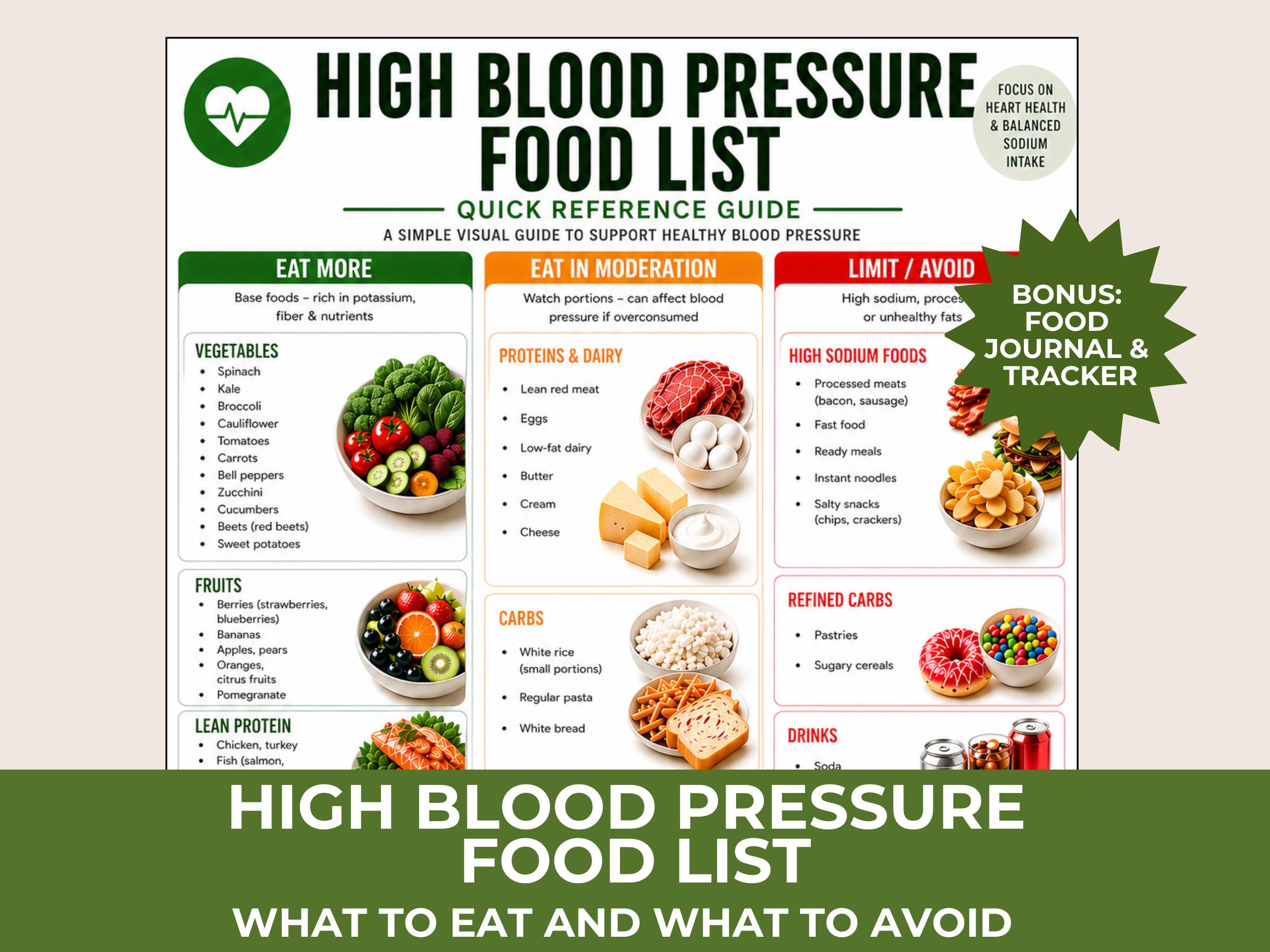 High Blood Pressure Food List Printable, Low Sodium Diet Chart, Heart Healthy Foods, Grocery List PDF + Food Journal