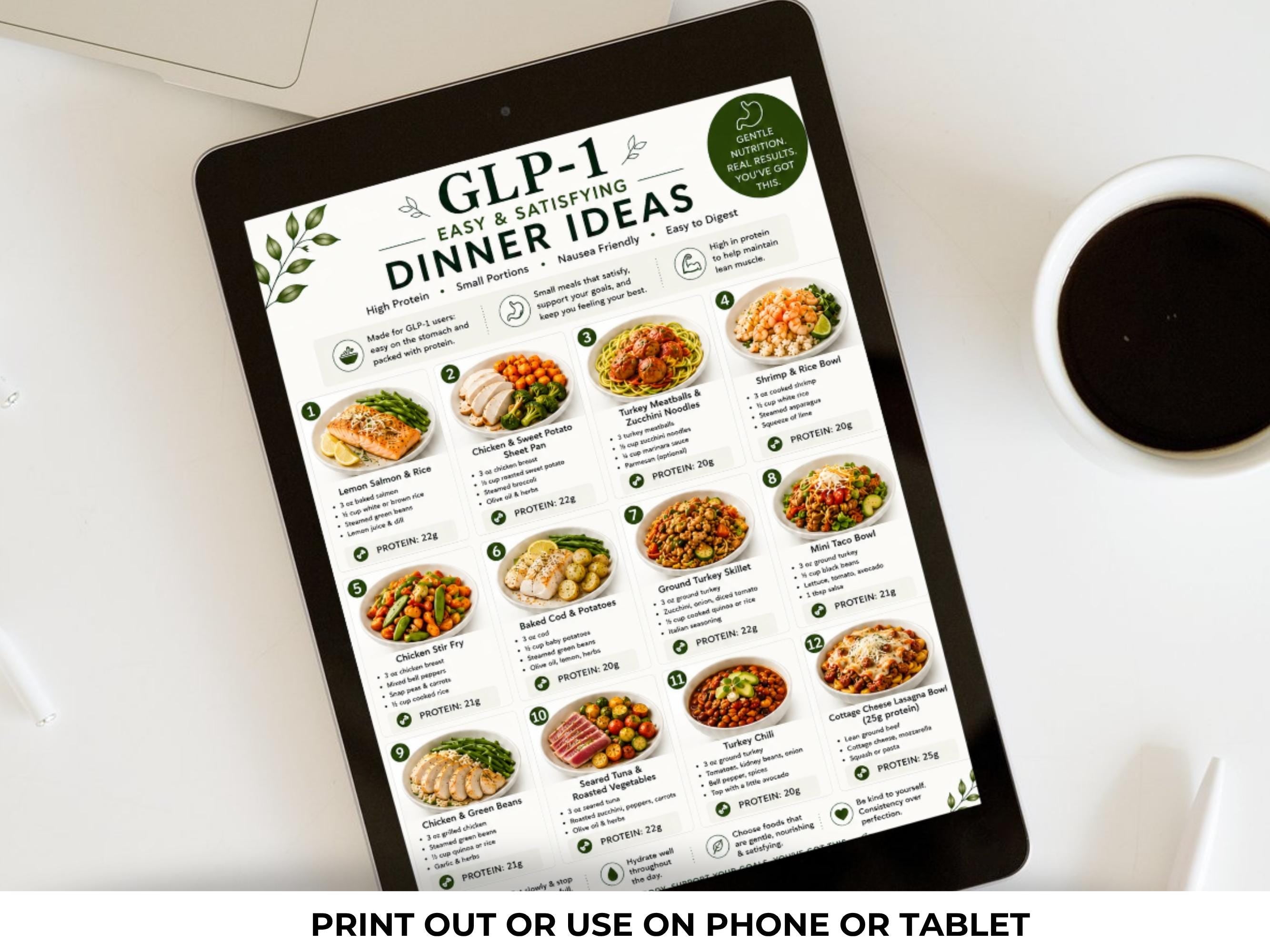 GLP-1 Meal Ideas Bundle, High Protein Breakfast, Lunch & Dinner Ideas + Nausea Foods Guide