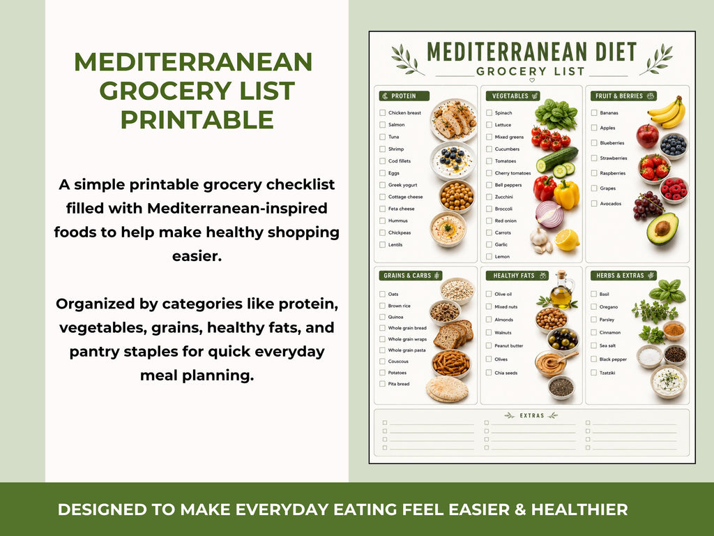 Mediterranean Diet Grocery List Printable, Healthy Shopping List PDF