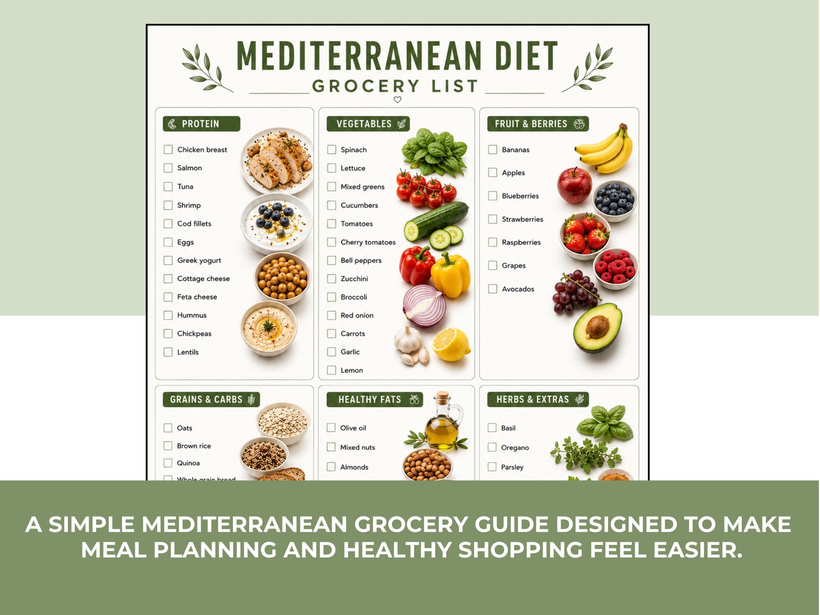 Mediterranean Food List Printable, Meal Ideas, Grocery List & Snack Guide