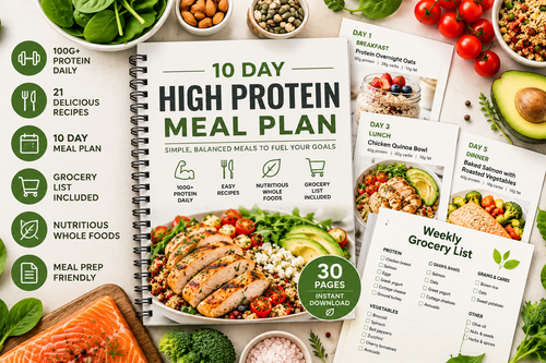 Printable 10-day high protein meal plan with recipe pages, grocery list, healthy food photography and 100g+ protein daily.