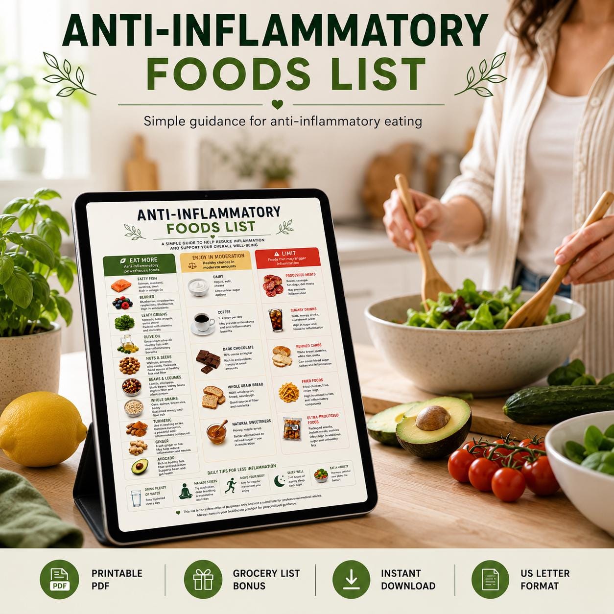 Anti-Inflammatory Food List Printable, Foods Chart & Grocery Guide PDF
