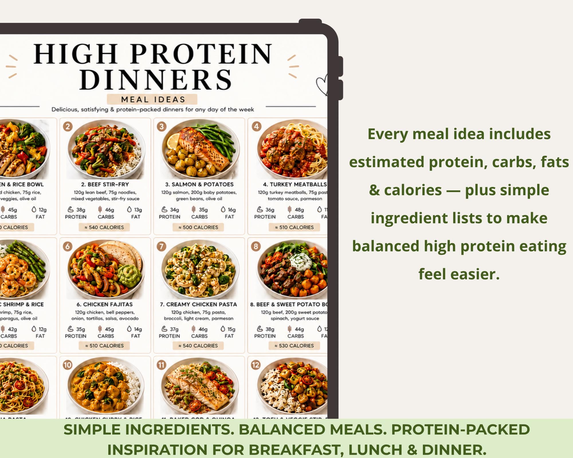 High Protein Meals Printable, Healthy Breakfast Lunch & Dinner Ideas PDF