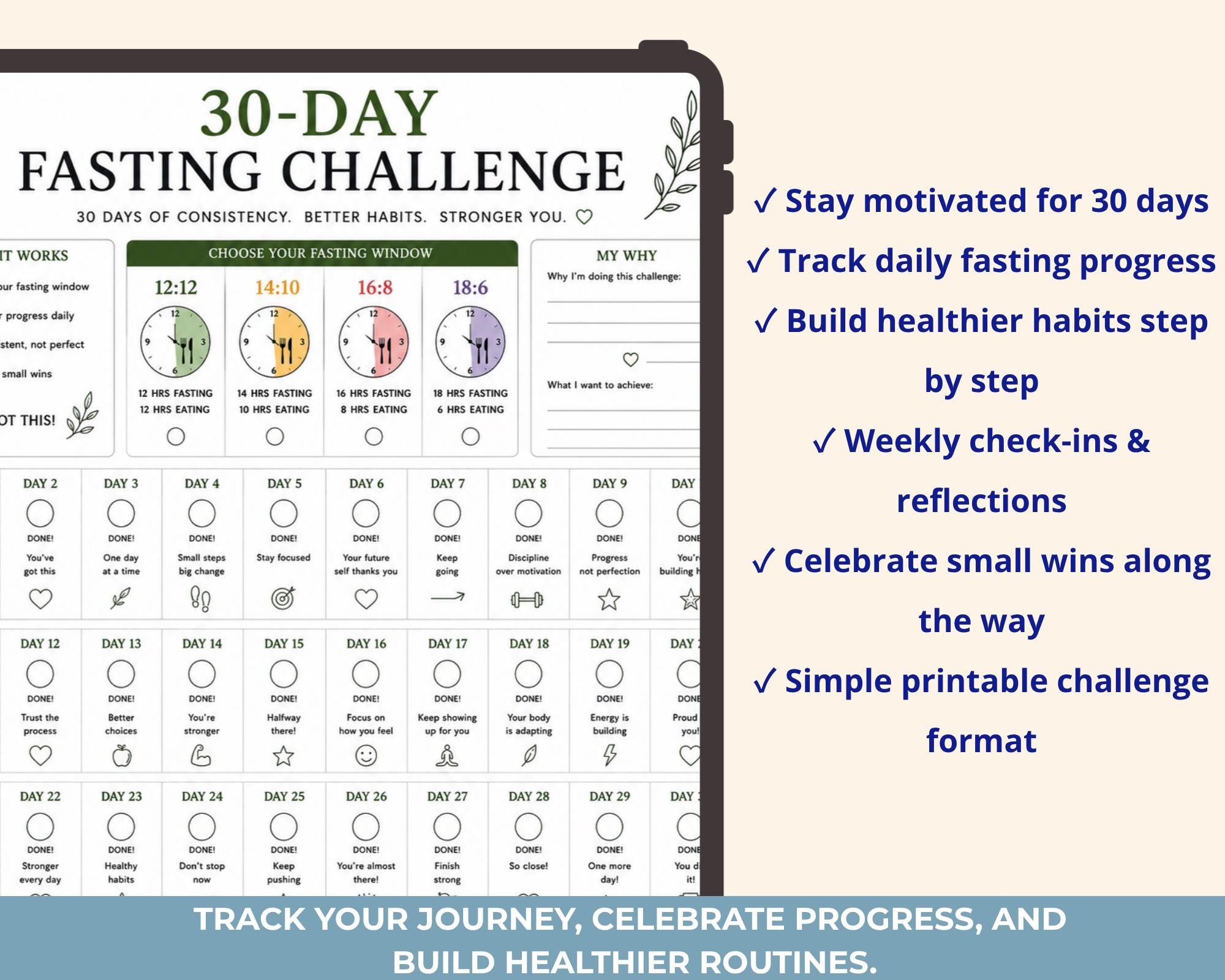 Intermittent Fasting Tracker Printable PDF, 30 Day Fasting Challenge & Wellness Journal