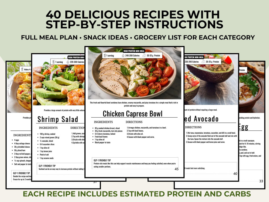 Ultimate GLP-1 Diet Food Guide, 40 Recipes, Meal Plan, Grocery Lists, Planner & Tracker
