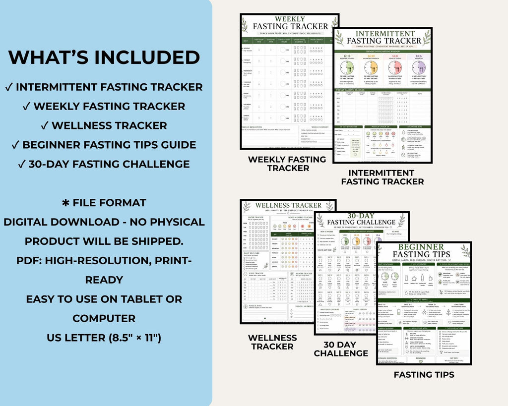 Intermittent Fasting Tracker Printable PDF, 30 Day Fasting Challenge & Wellness Journal
