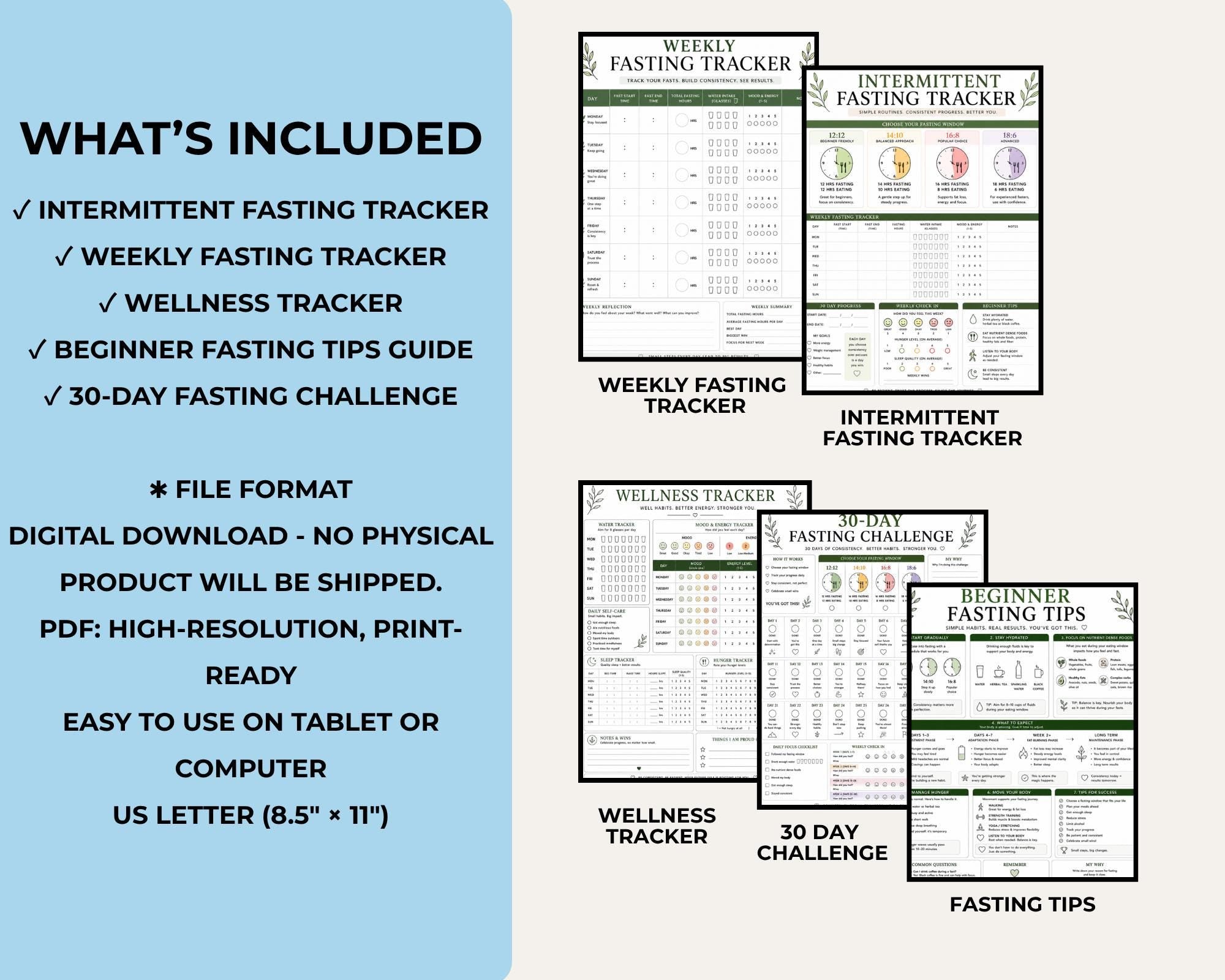 Intermittent Fasting Tracker Printable PDF, 30 Day Fasting Challenge & Wellness Journal
