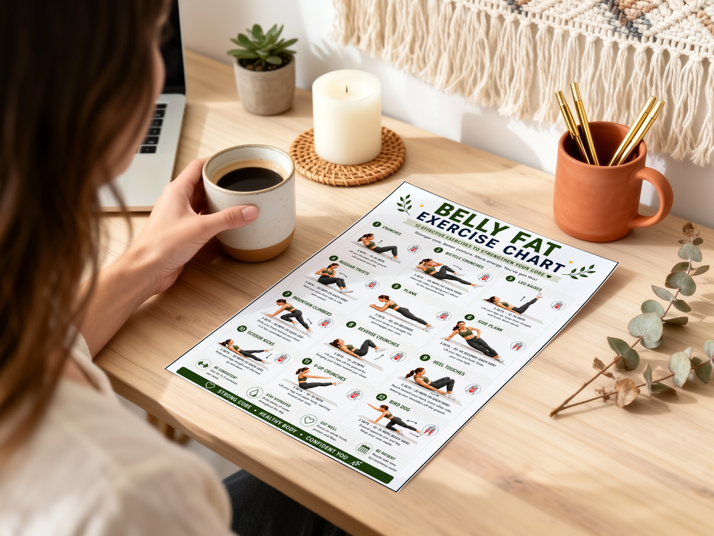 Belly Fat Exercise Chart Printable, Belly Fat Workout, Core Workout Plan, Fitness Tracker (Digital Download)