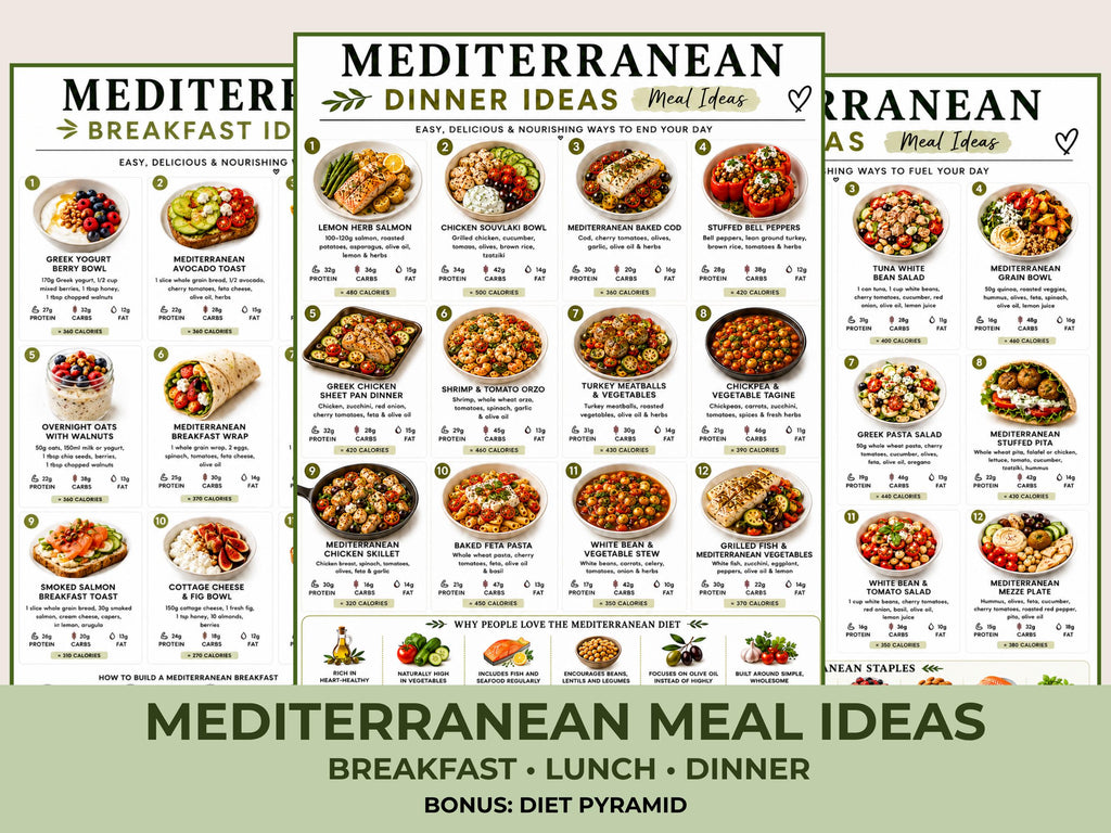 Mediterranean Meal Ideas Printable, Breakfast Lunch Dinner Meal List, Mediterranean Diet Meals PDF