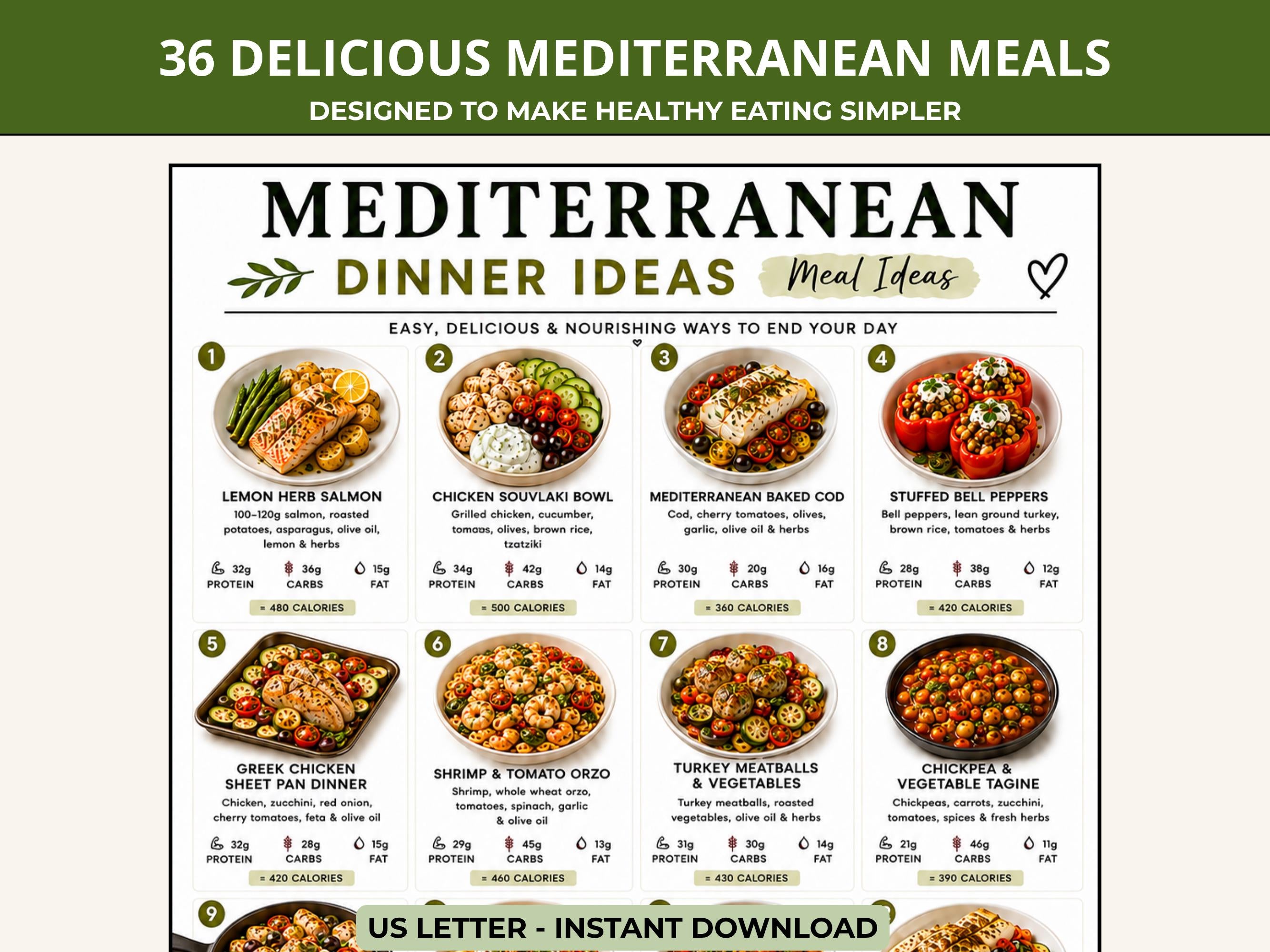 Mediterranean Meal Ideas Printable, Breakfast Lunch Dinner Meal List, Mediterranean Diet Meals PDF
