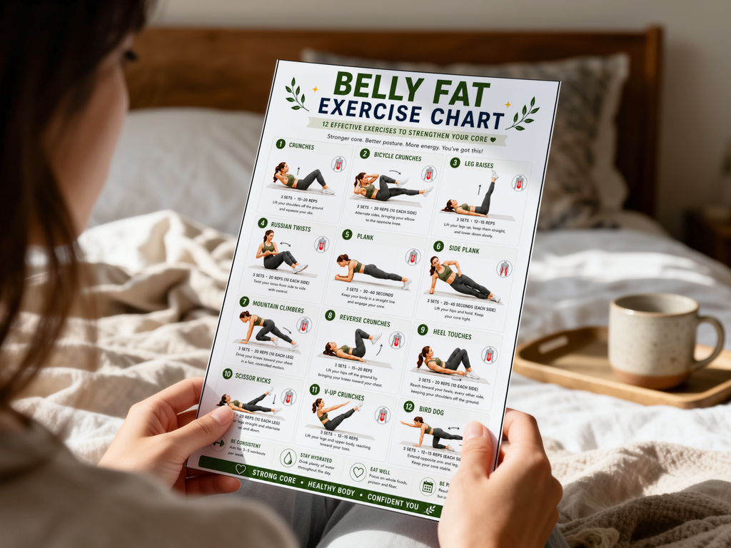 Belly Fat Exercise Chart Printable, Belly Fat Workout, Core Workout Plan, Fitness Tracker (Digital Download)