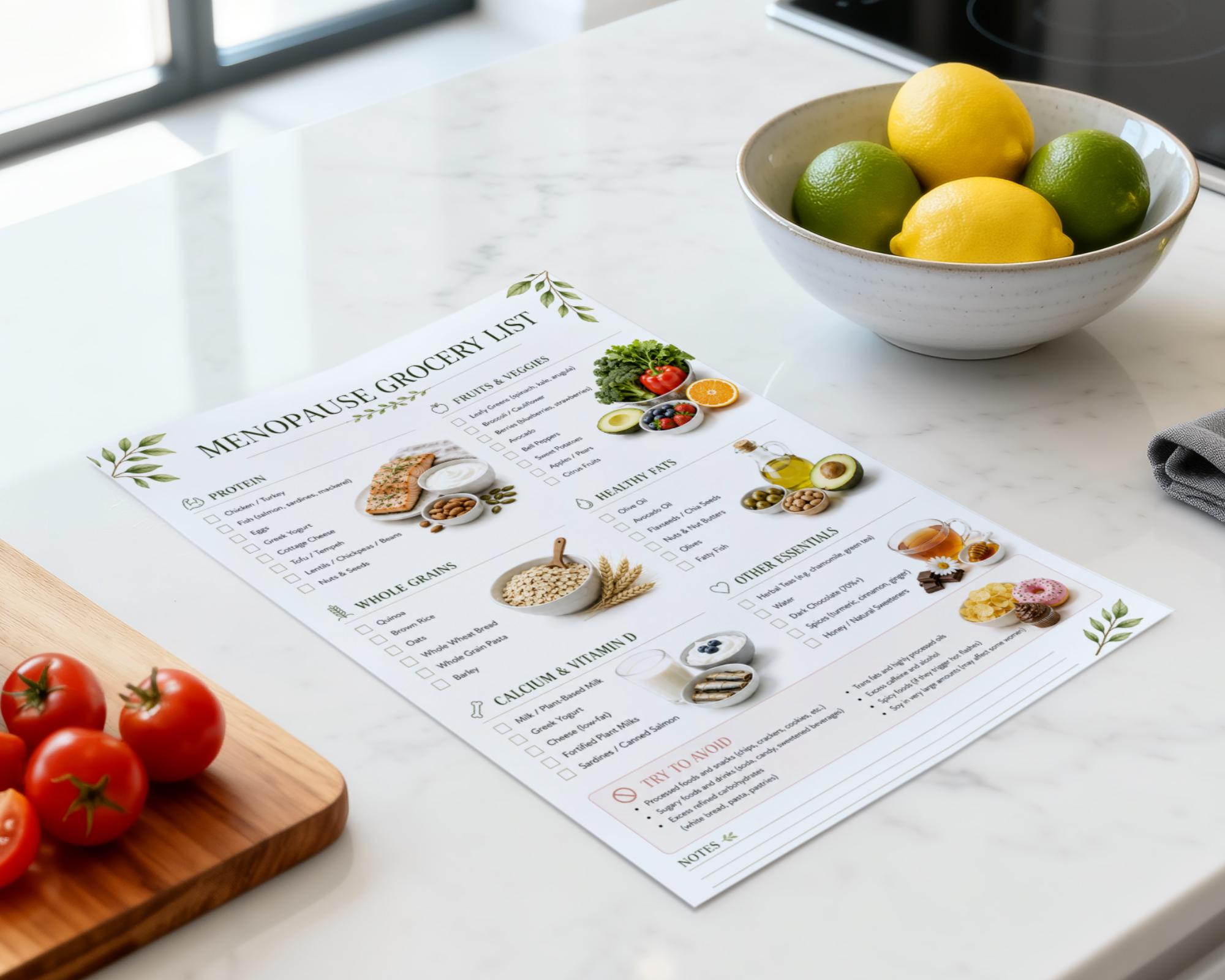 Menopause Grocery Shopping List, Weekly Wellness Tracker, Printable PDF