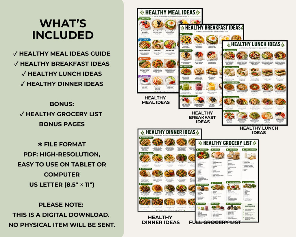 Healthy Meal Ideas Food Lists, Breakfast Lunch Dinner, Grocery List (Printable PDF)