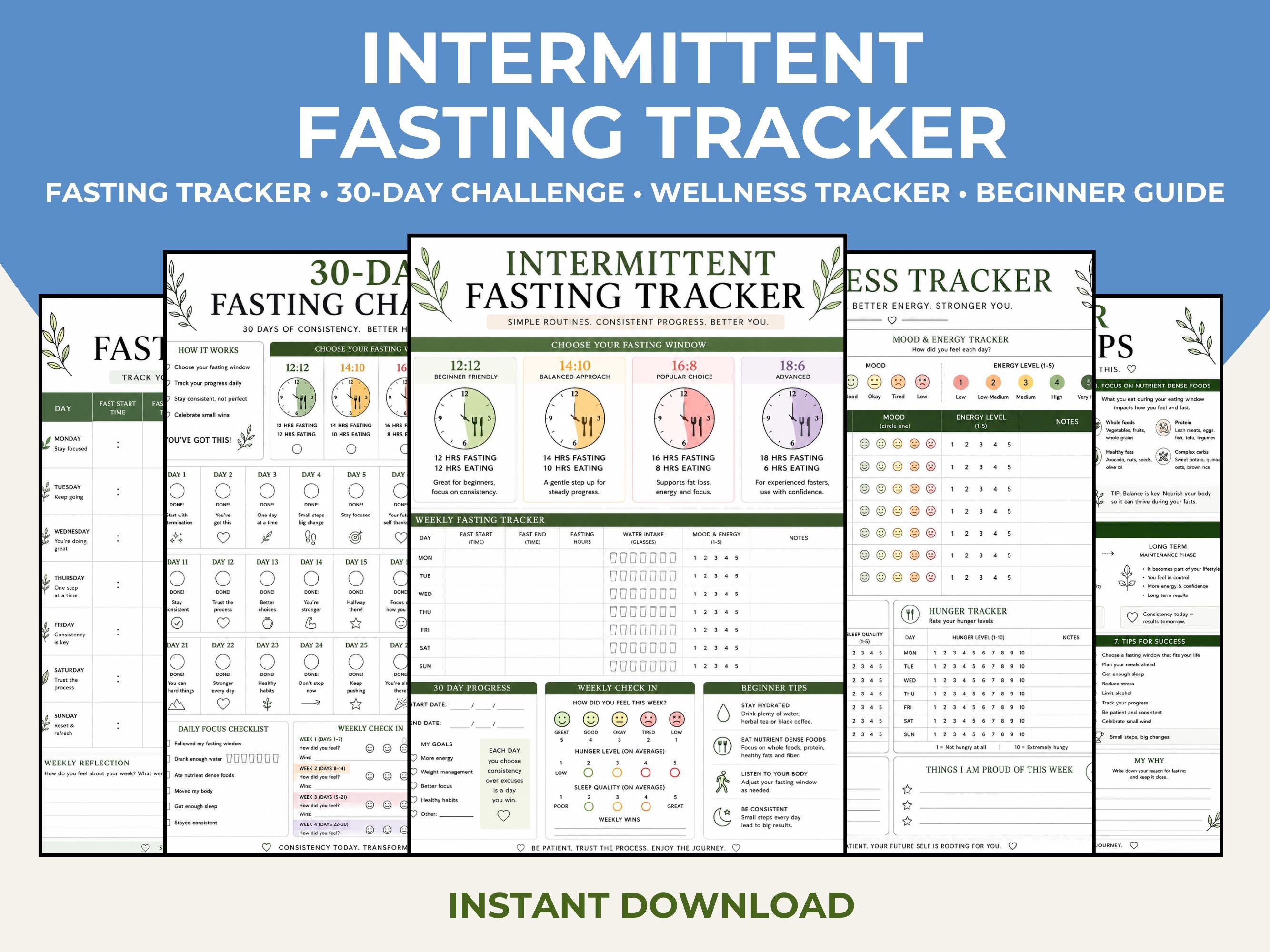 Intermittent Fasting Tracker Printable PDF, 30 Day Fasting Challenge & Wellness Journal