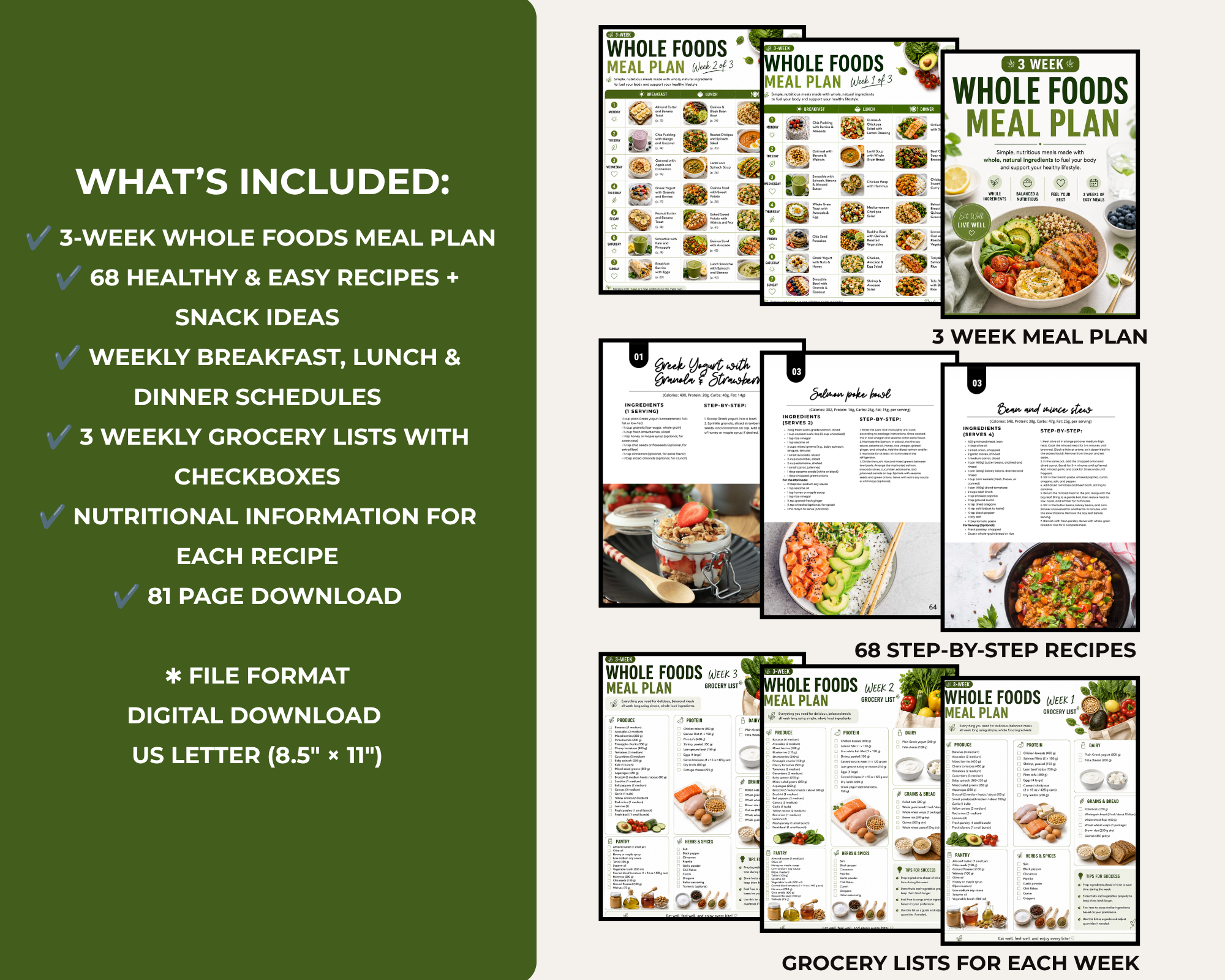 3 Week Whole Foods Meal Plan, 68 Healthy Recipes, Grocery Lists (PDF Download)