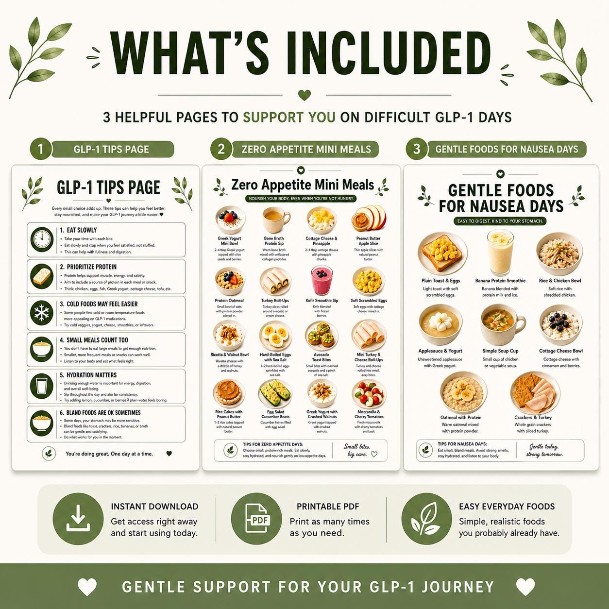 GLP-1 Food Guide Printable, Food List, Mini Meals and Nausea Foods PDF