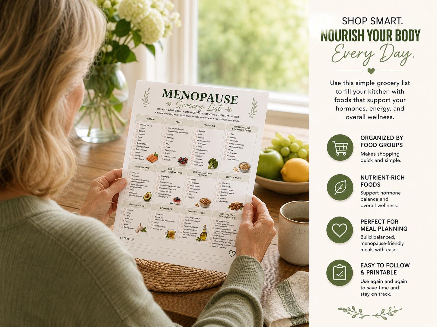 Menopause Symptoms Food Chart, Menopause Diet Food Guide, Grocery List