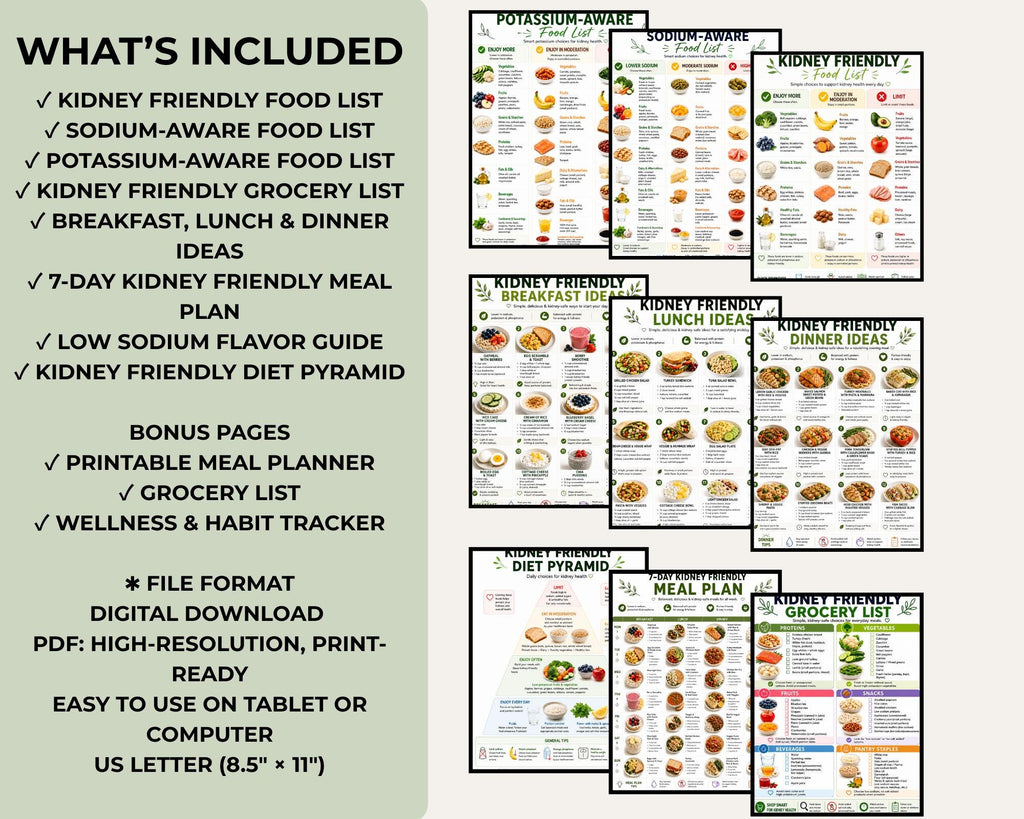 Kidney Friendly Diet Bundle, Renal Diet Food List & Grocery Guide Printable, Kidney Friendly Food Chart, Meal Plan PDF