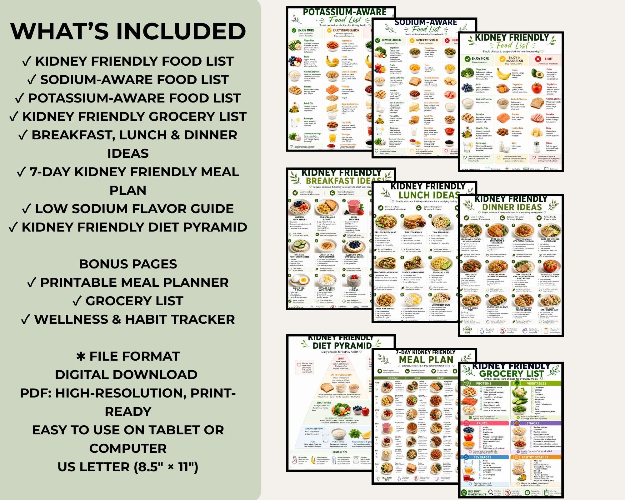 Kidney Friendly Diet Bundle, Renal Diet Food List & Grocery Guide Printable, Kidney Friendly Food Chart, Meal Plan PDF