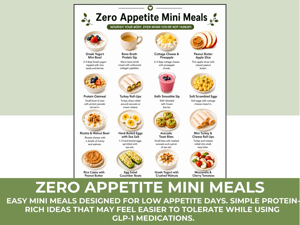 GLP-1 Food Guide Printable, Food List, Mini Meals and Nausea Foods PDF