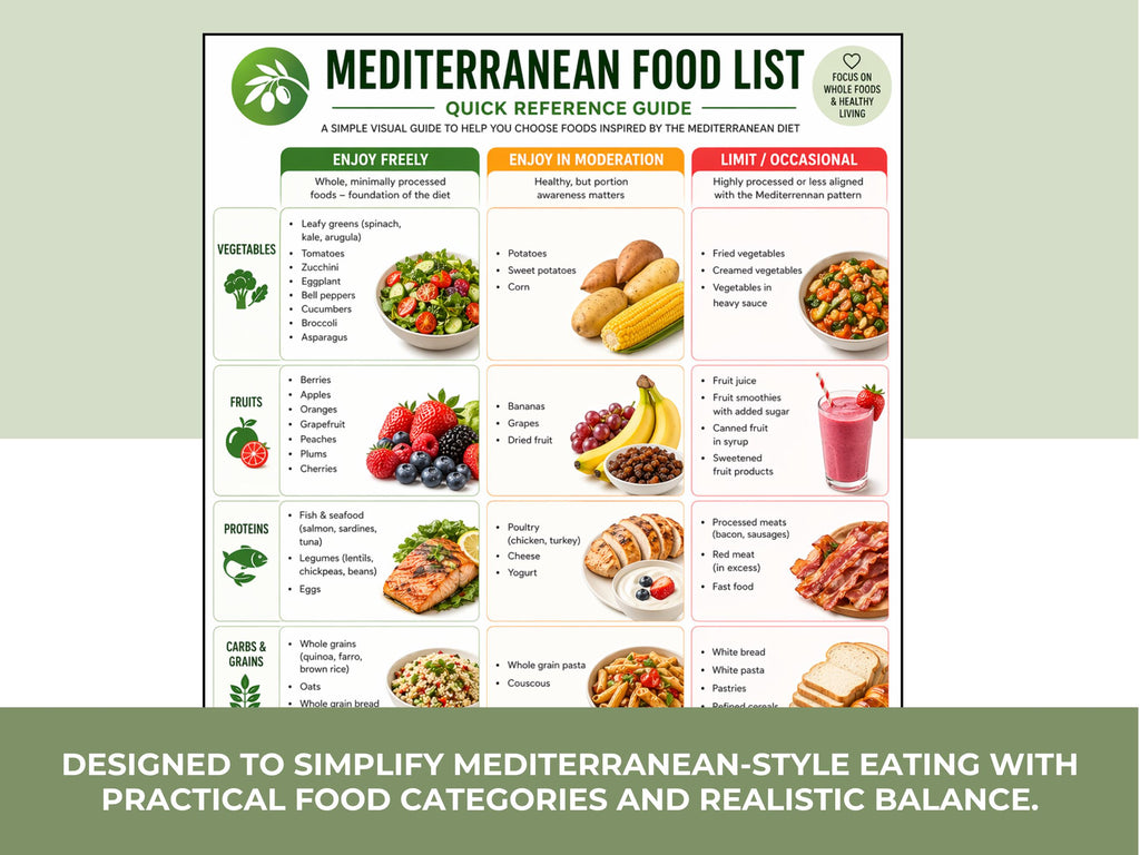 Mediterranean Food List Printable, Meal Ideas, Grocery List & Snack Guide
