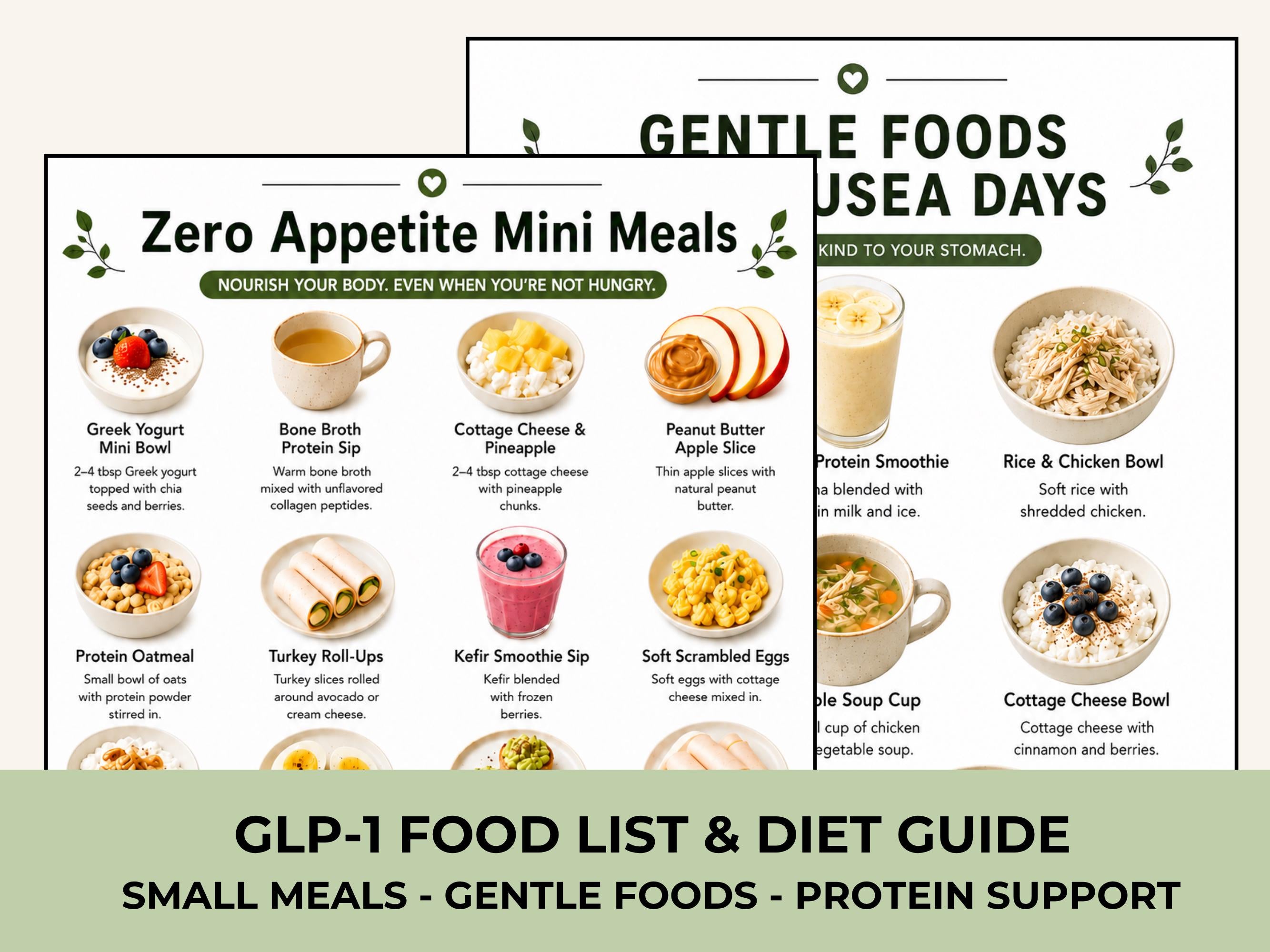 GLP-1 Food Guide Printable, Food List, Mini Meals and Nausea Foods PDF