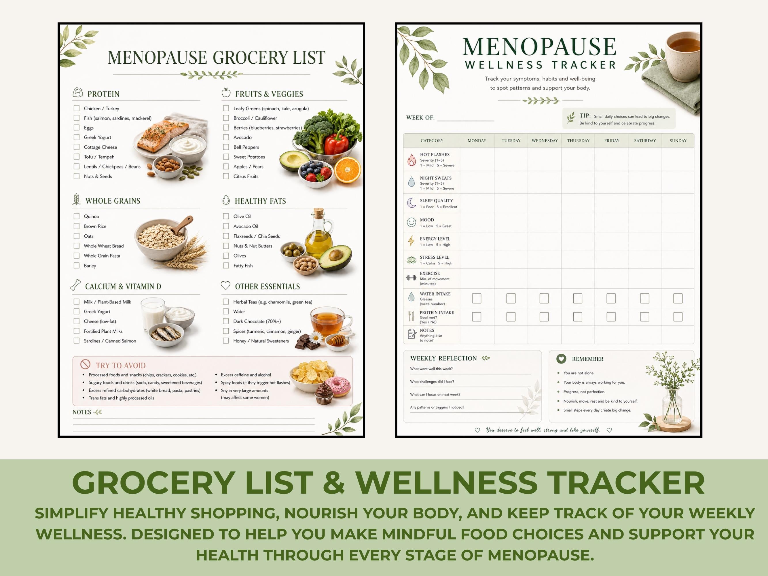 Menopause Grocery Shopping List, Weekly Wellness Tracker, Printable PDF