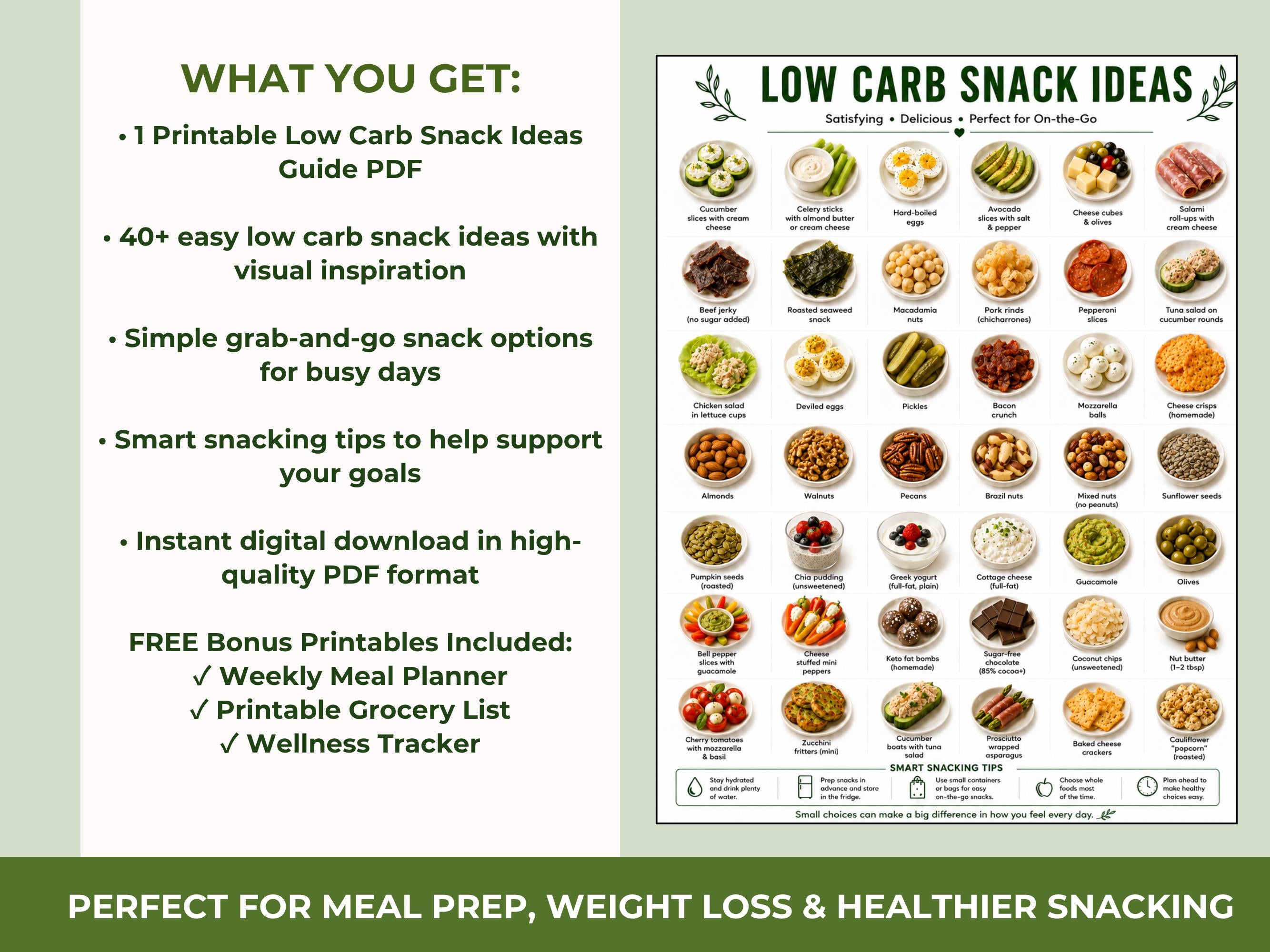 Low Carb Snack List, High Protein Ideas, Keto Friendly (Printable PDF)