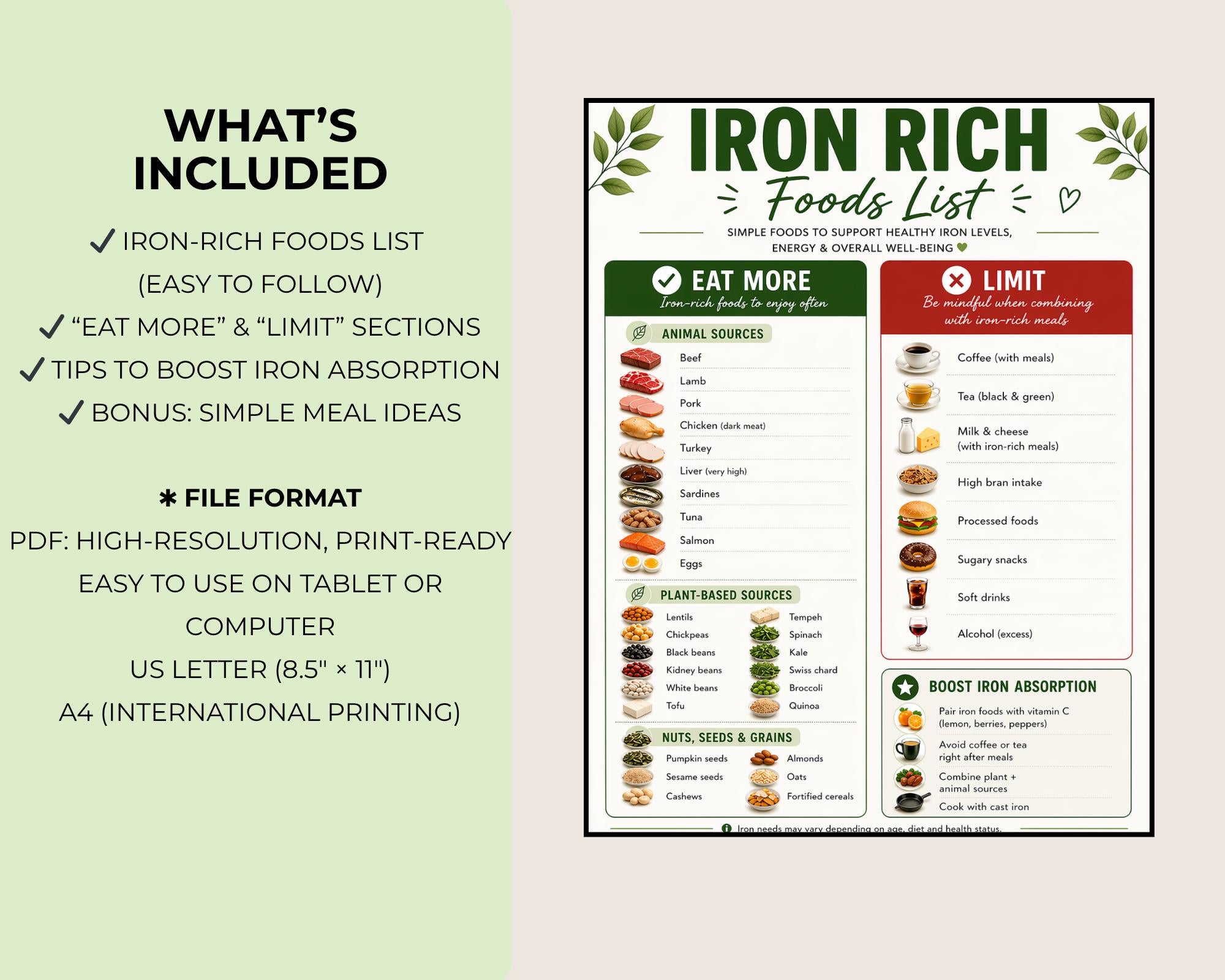 Iron Rich Foods List, Nutrition Chart, Meal Ideas (PDF Download)