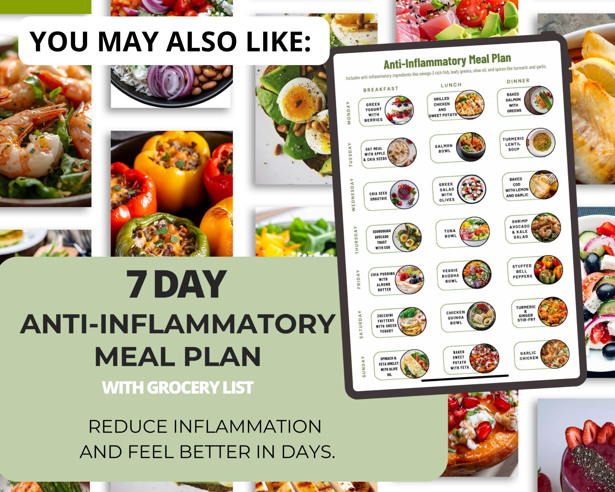 Anti Inflammatory Meal Ideas Printable, Breakfast Lunch Dinner Recipes, Healthy Eating Guide PDF