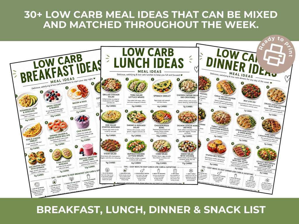 Low Carb Meal List Printable, Breakfast Lunch Dinner Ideas, PDF