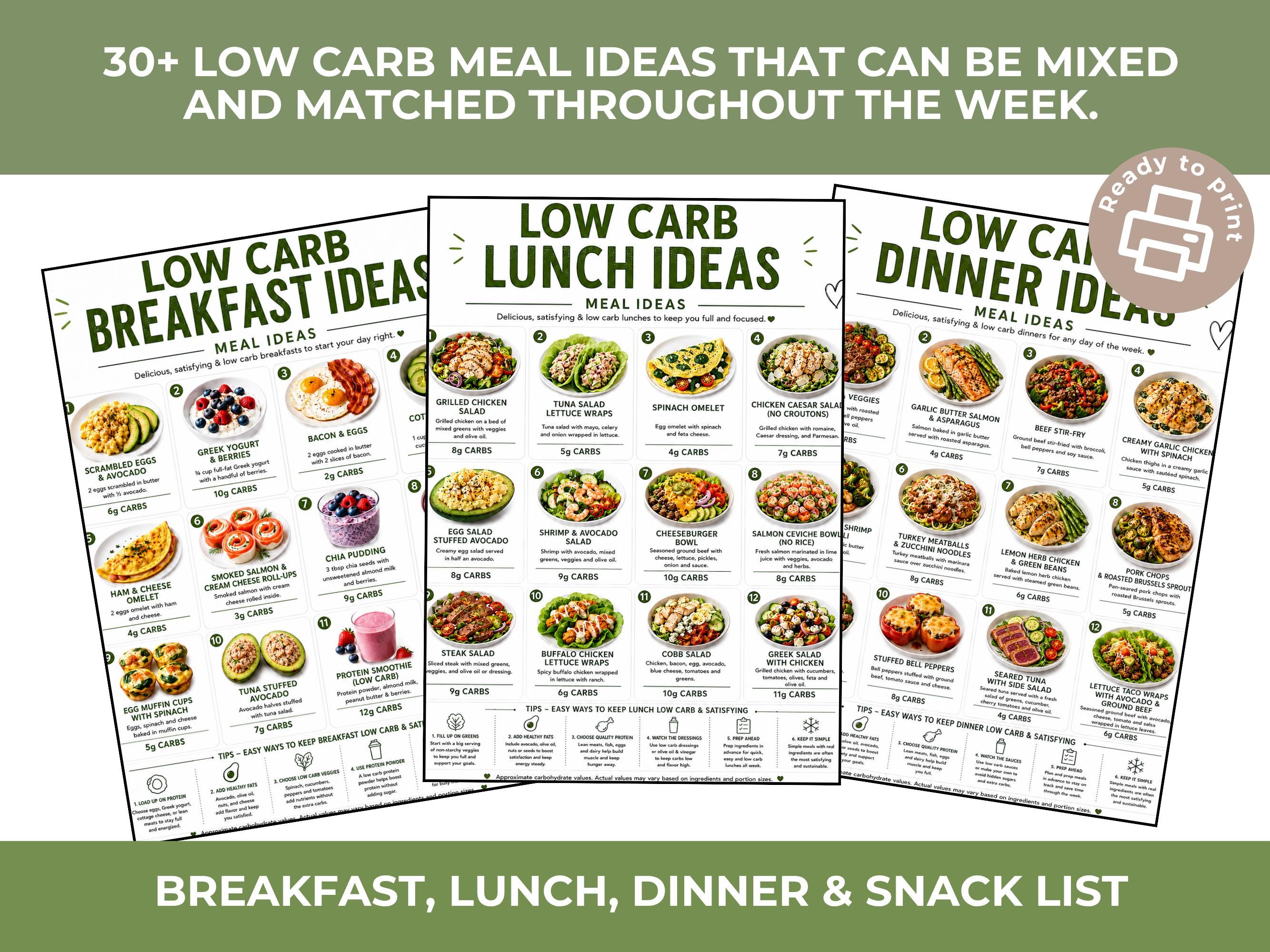Low Carb Meal List Printable, Breakfast Lunch Dinner Ideas, PDF