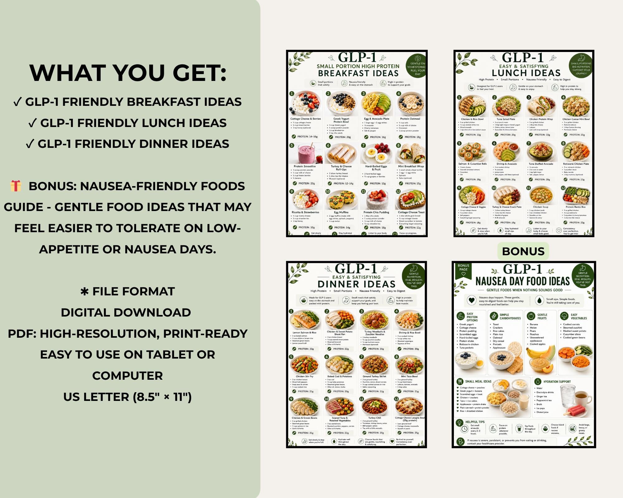 GLP-1 Meal Ideas Bundle, High Protein Breakfast, Lunch & Dinner Ideas + Nausea Foods Guide