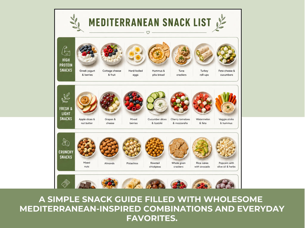 Mediterranean Food List Printable, Meal Ideas, Grocery List & Snack Guide