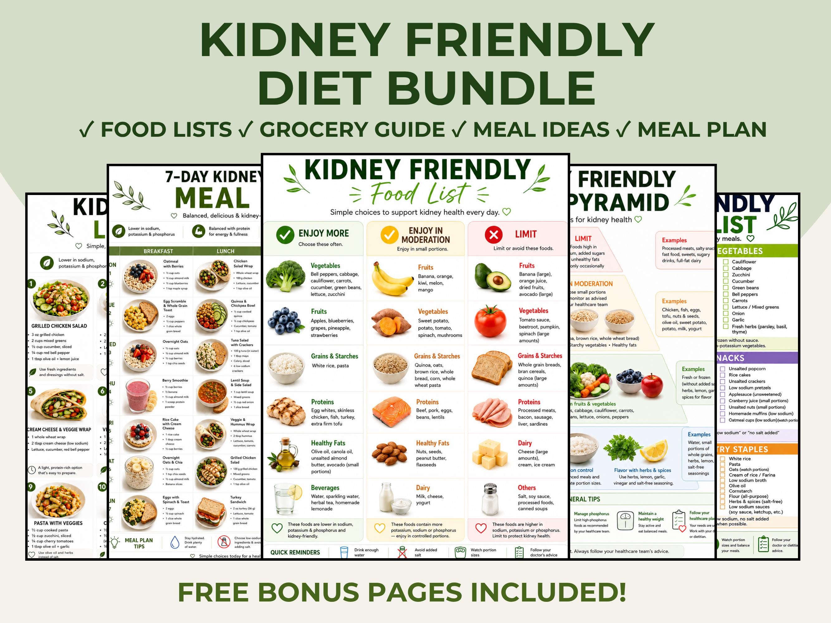 Kidney Friendly Diet Bundle, Renal Diet Food List & Grocery Guide Printable, Kidney Friendly Food Chart, Meal Plan PDF