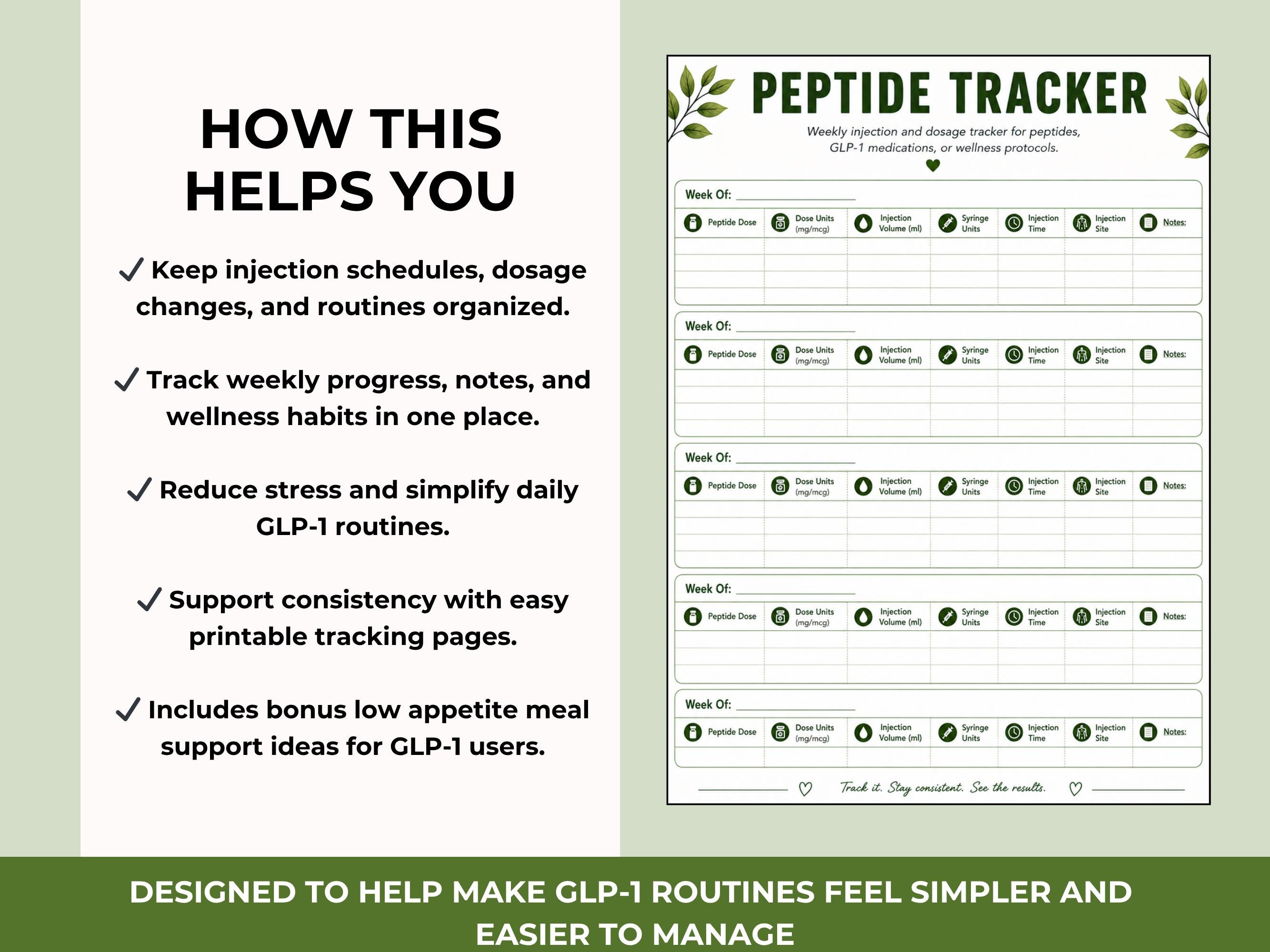 Peptide Tracker Printable, GLP-1 Injection Log and Wellness Tracker