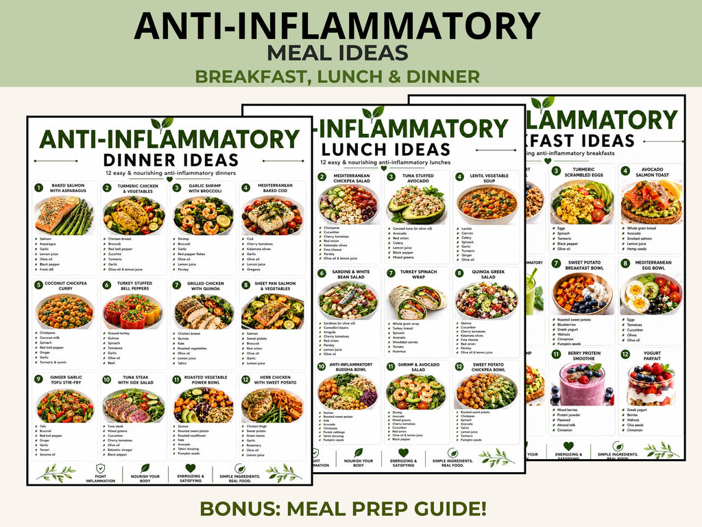 Anti Inflammatory Meal Ideas Printable, Breakfast Lunch Dinner Recipes, Healthy Eating Guide PDF