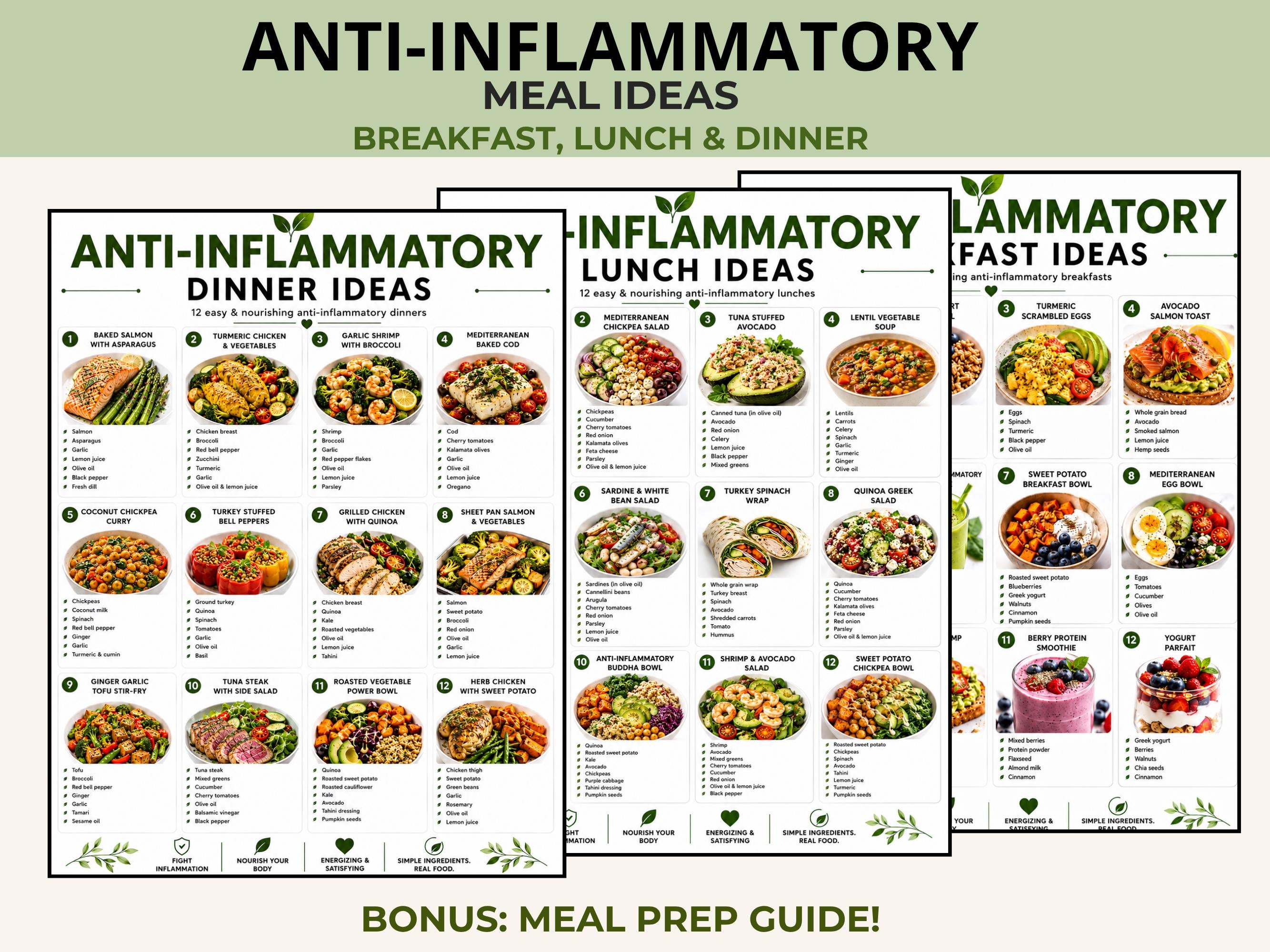 Anti Inflammatory Meal Ideas Printable, Breakfast Lunch Dinner Recipes, Healthy Eating Guide PDF
