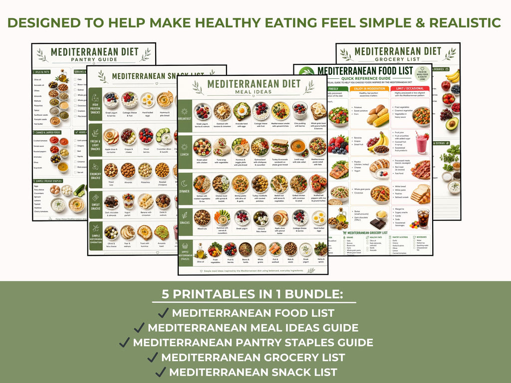 Mediterranean Food List Printable, Meal Ideas, Grocery List & Snack Guide