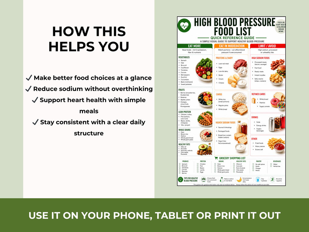 High Blood Pressure Food List Printable, Low Sodium Diet Chart, Heart Healthy Foods, Grocery List PDF + Food Journal