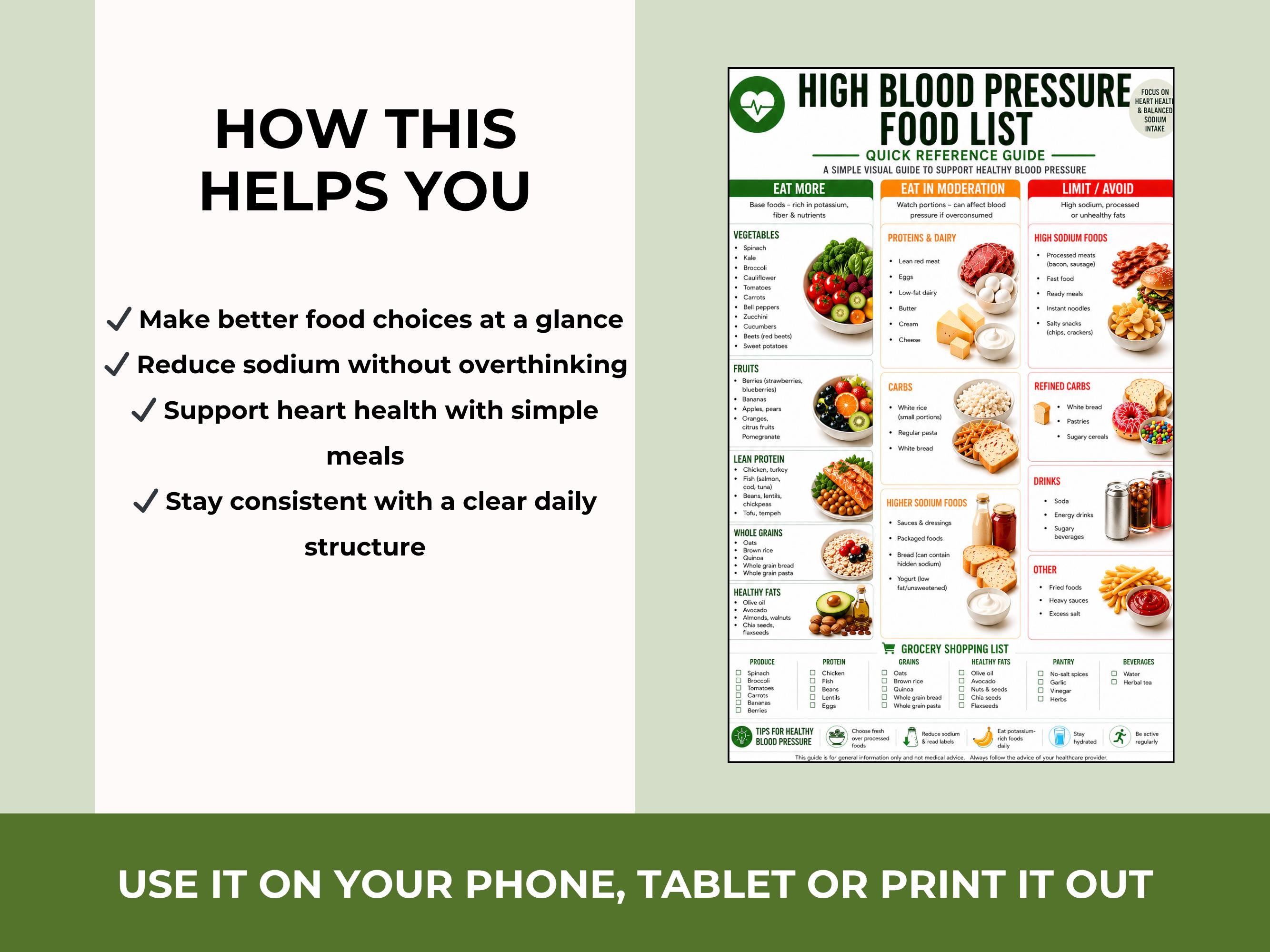 High Blood Pressure Food List Printable, Low Sodium Diet Chart, Heart Healthy Foods, Grocery List PDF + Food Journal