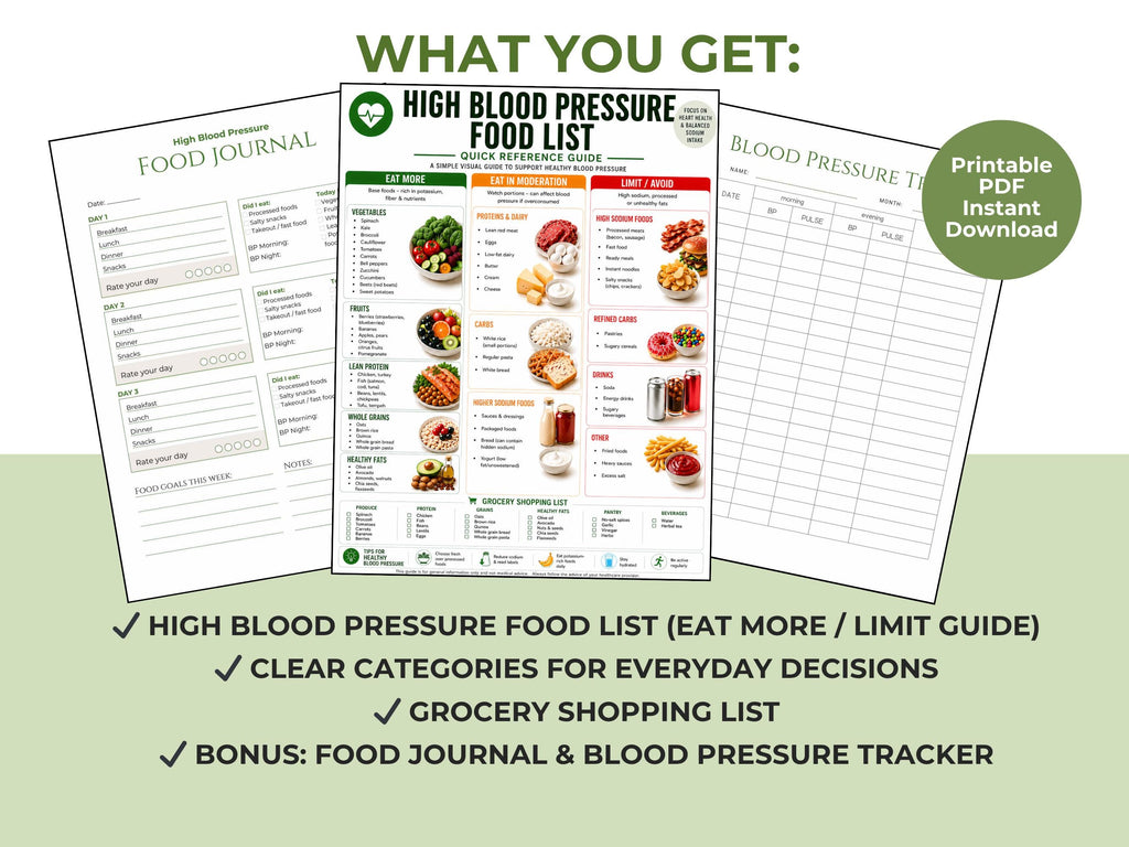 High Blood Pressure Food List Printable, Low Sodium Diet Chart, Heart Healthy Foods, Grocery List PDF + Food Journal
