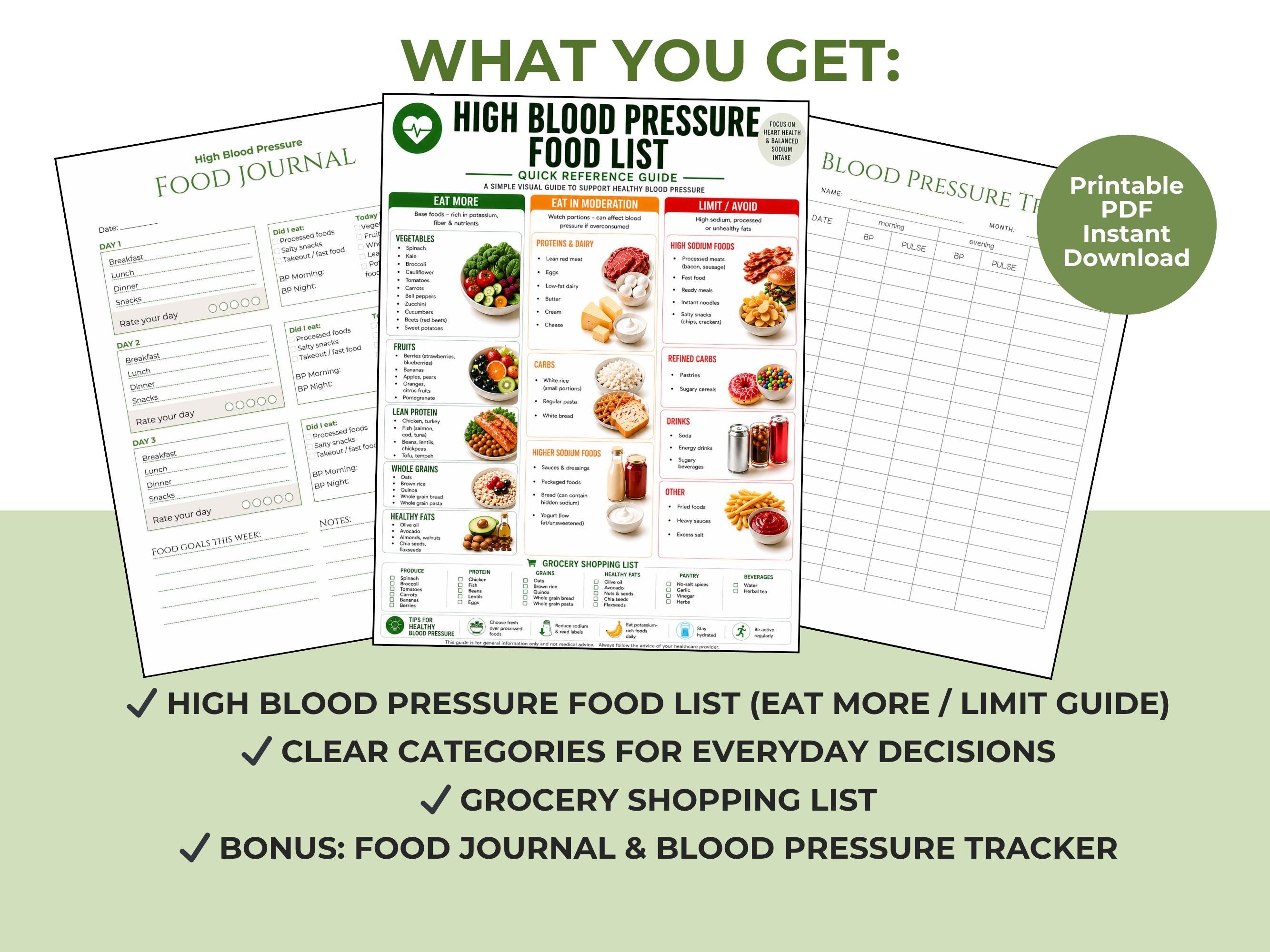 High Blood Pressure Food List Printable, Low Sodium Diet Chart, Heart Healthy Foods, Grocery List PDF + Food Journal