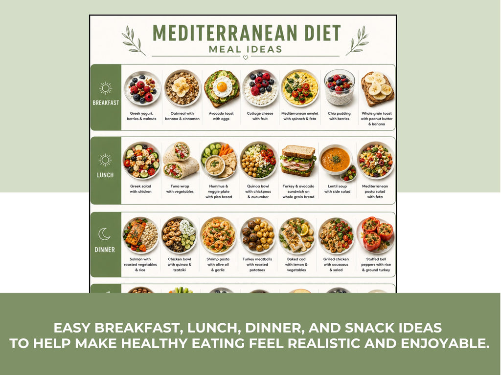 Mediterranean Food List Printable, Meal Ideas, Grocery List & Snack Guide