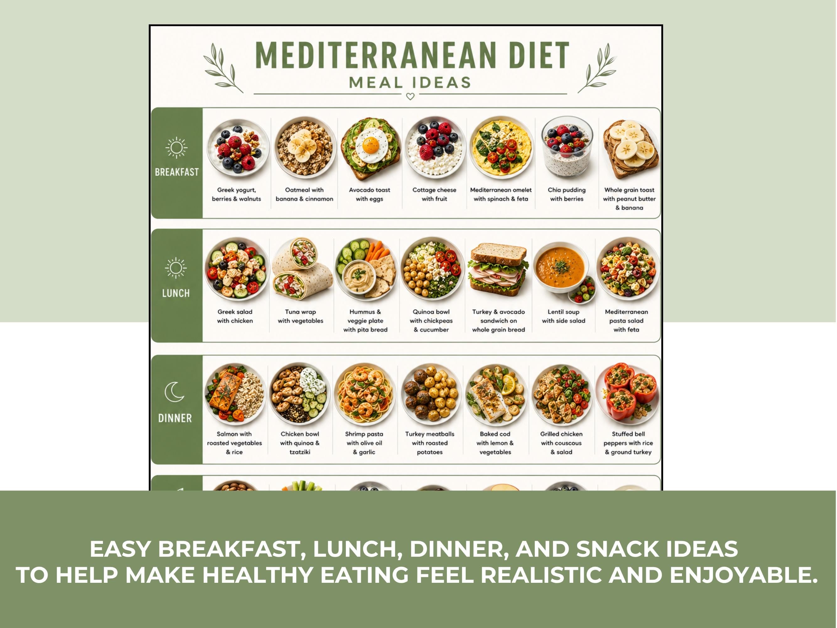 Mediterranean Food List Printable, Meal Ideas, Grocery List & Snack Guide