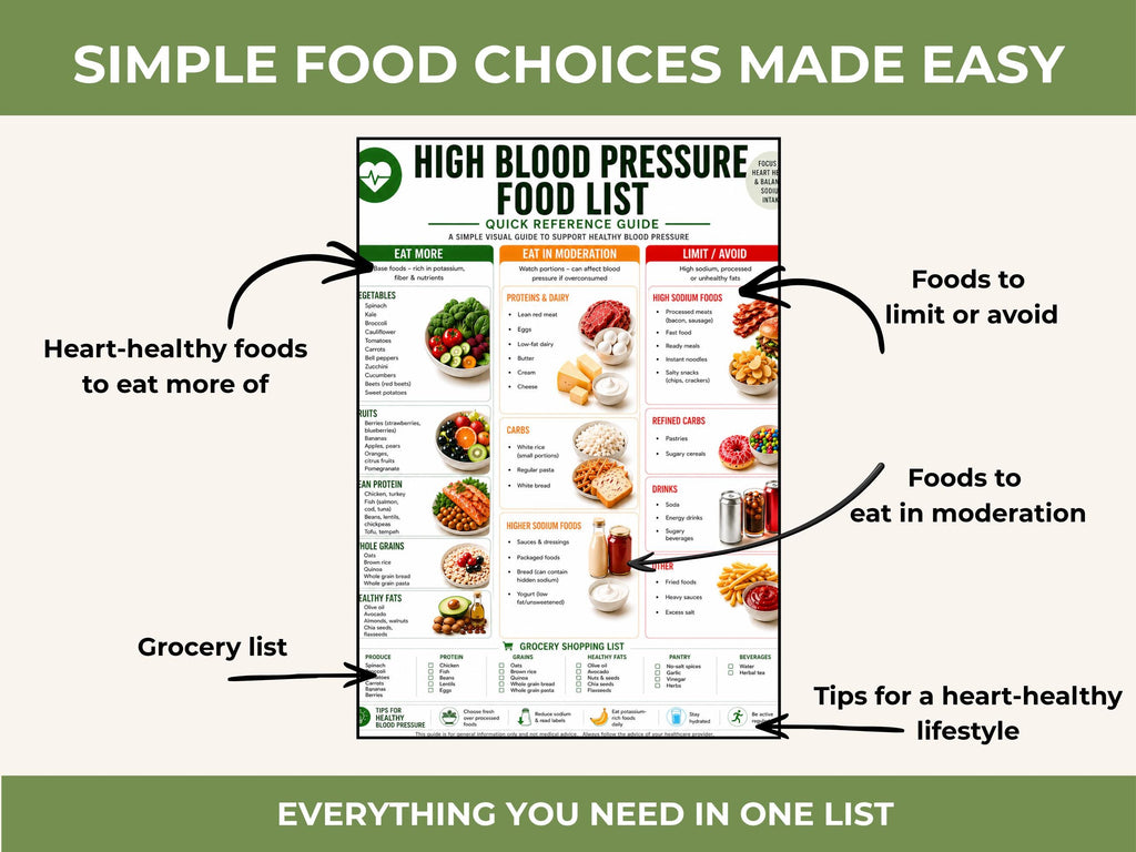High Blood Pressure Food List Printable, Low Sodium Diet Chart, Heart Healthy Foods, Grocery List PDF + Food Journal