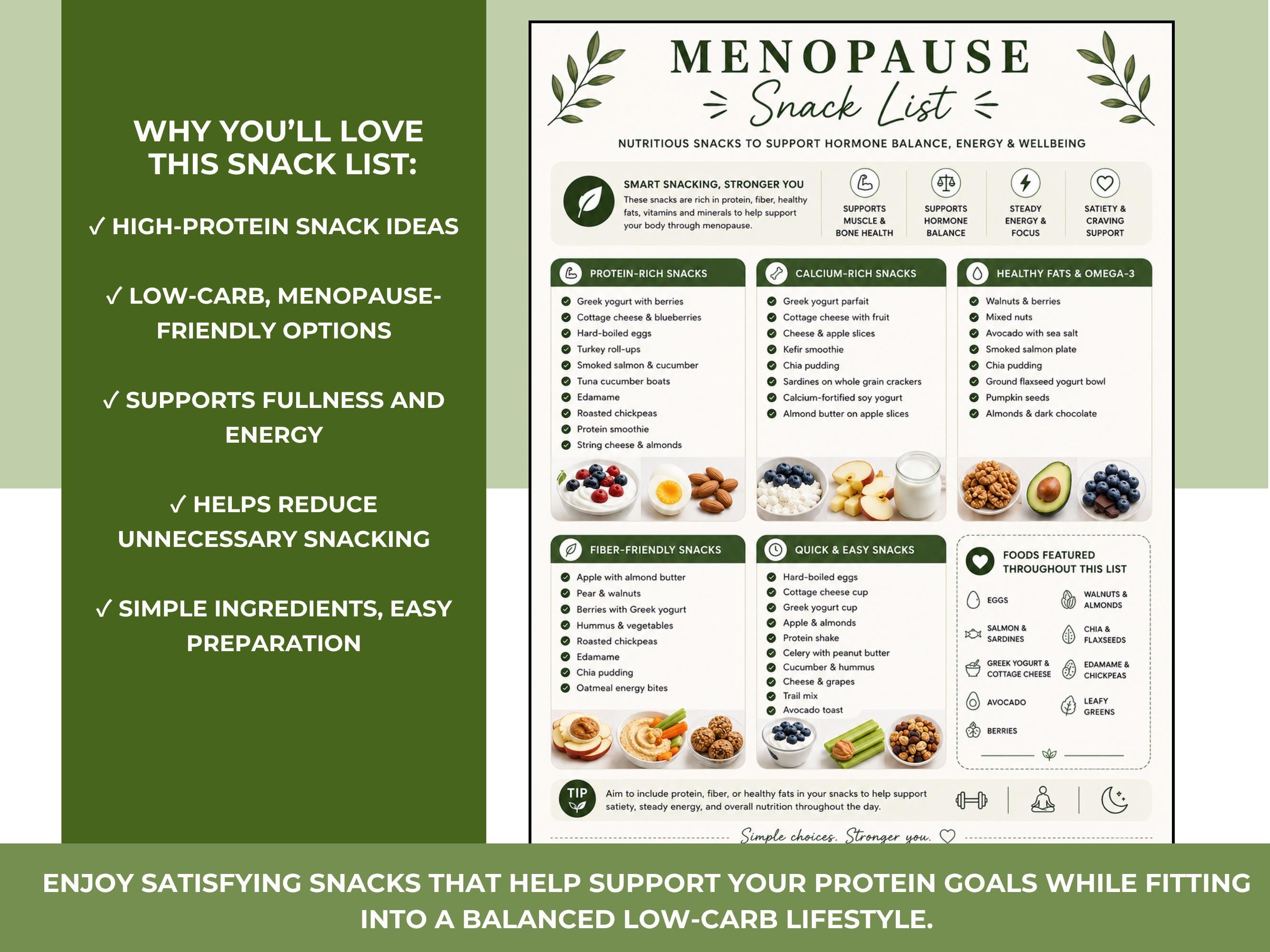 Menopause Snack List Printable, High Protein Snack List & Grocery Lit for Midlife Women