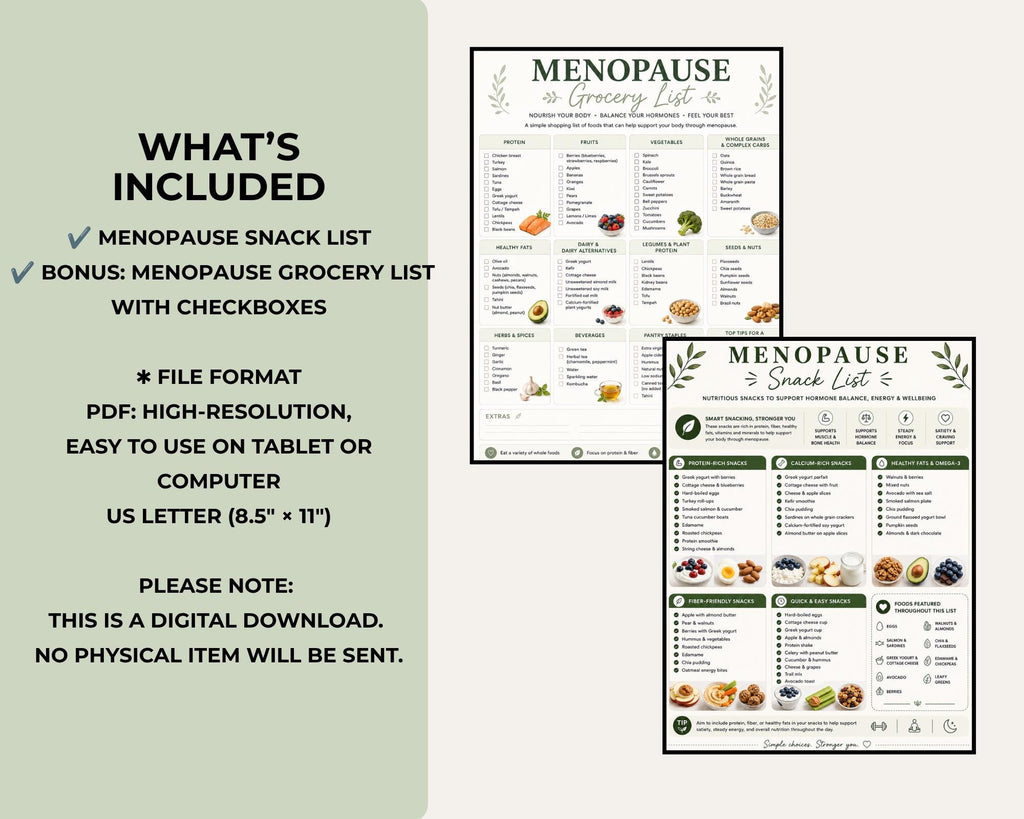 Menopause Snack List Printable, High Protein Snack List & Grocery Lit for Midlife Women