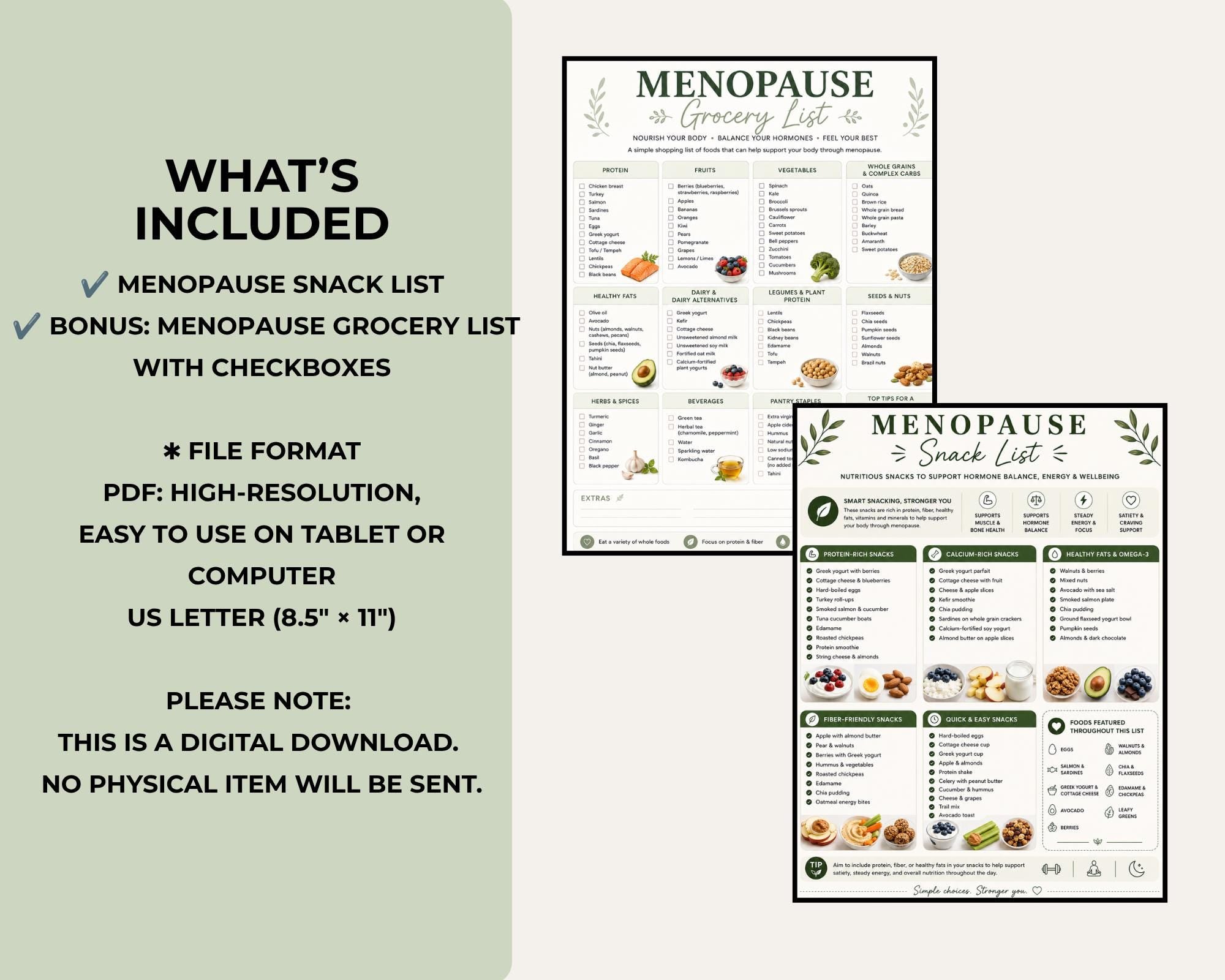 Menopause Snack List Printable, High Protein Snack List & Grocery Lit for Midlife Women