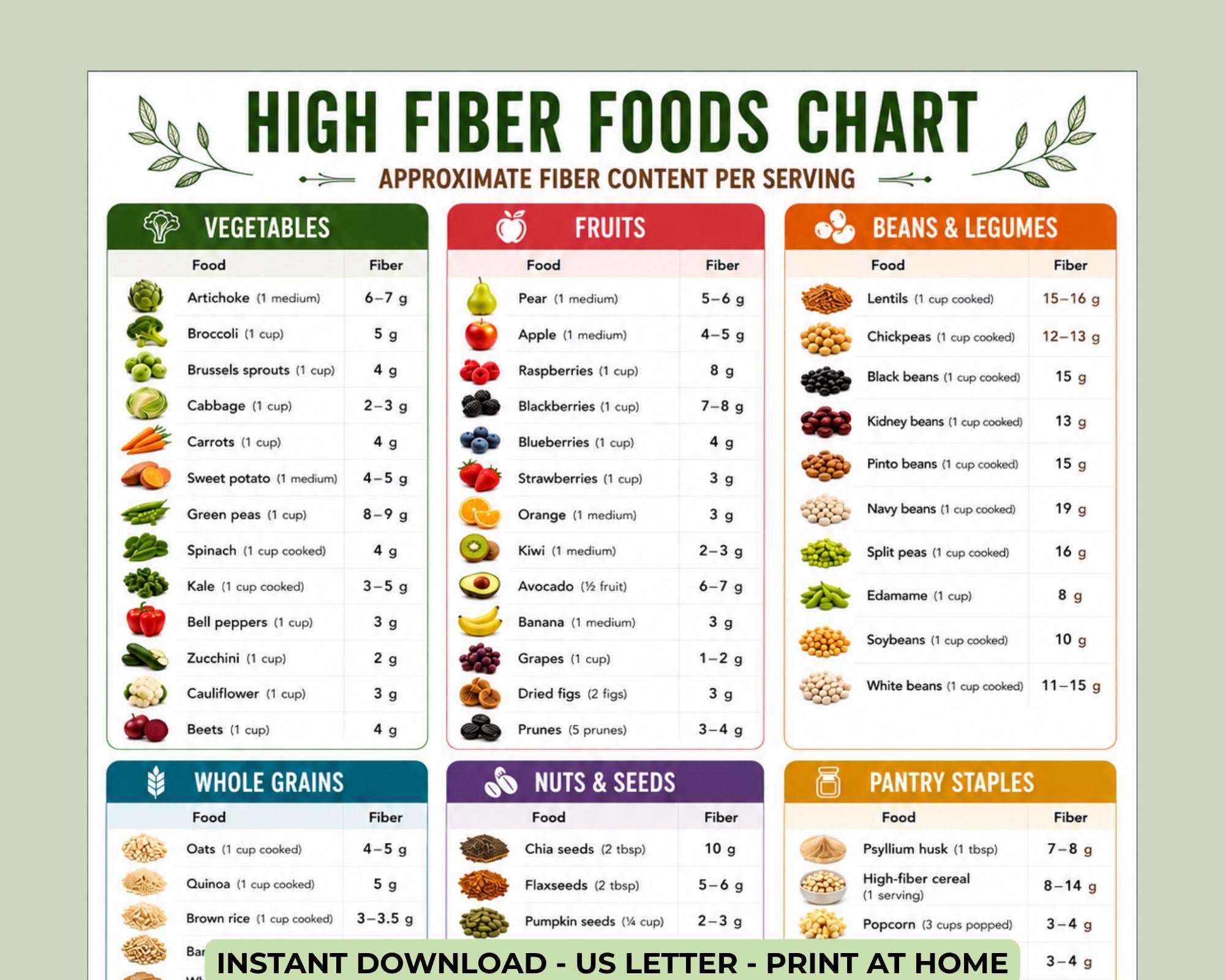 High Fiber Foods Chart, Digestive Health Diet Guide Printable
